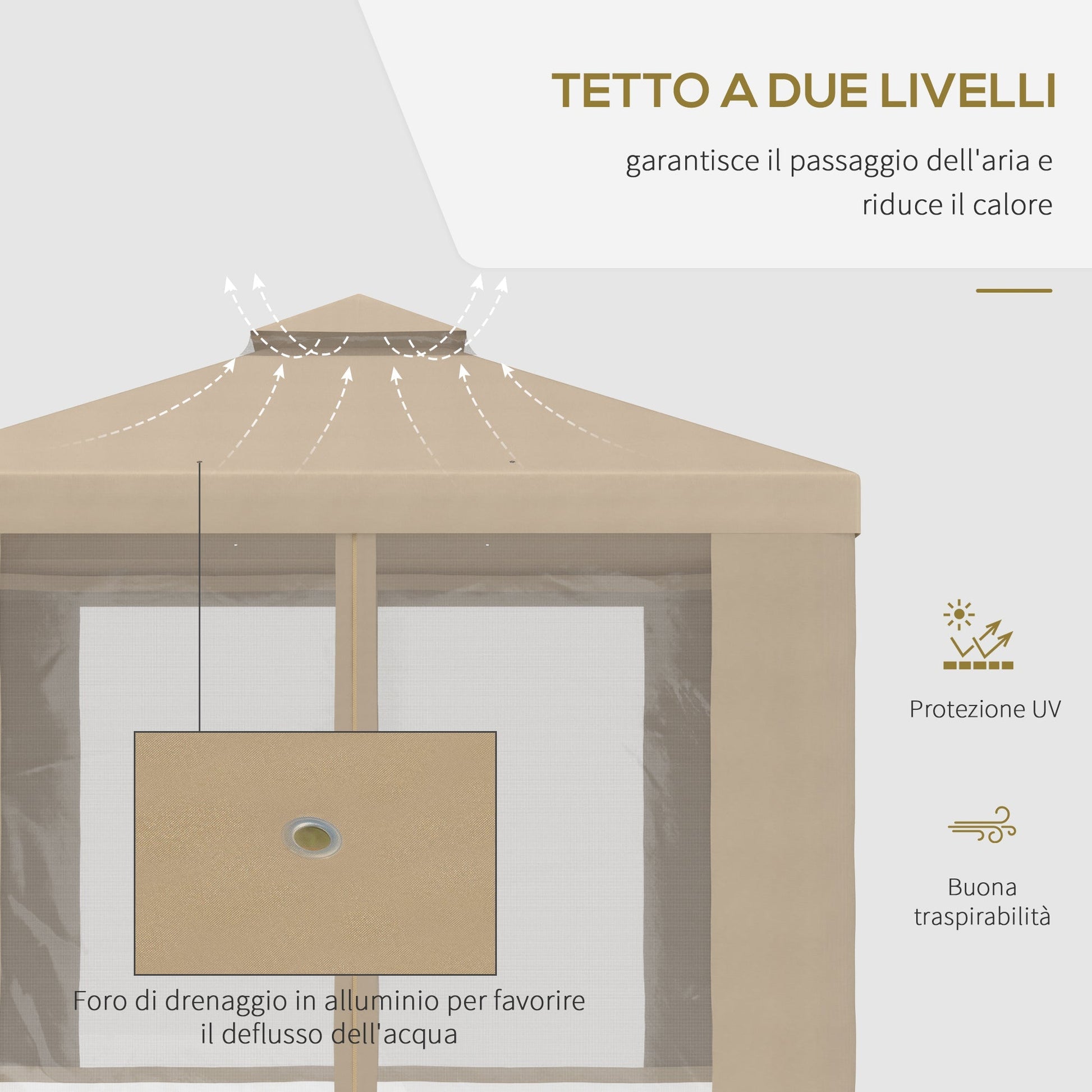 Garden Event Gazebo 3x3m metal with mosquito net and 2 levels in khaki polyester levels - Borgè