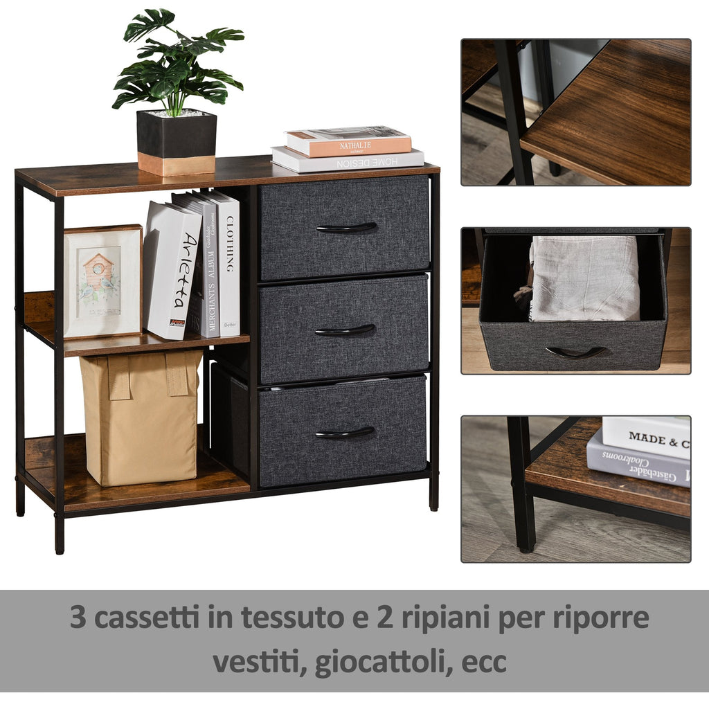 Multiuse chest of drawers with fabric drawers, 80x29x71cm - brown/dark Grey - Borgè
