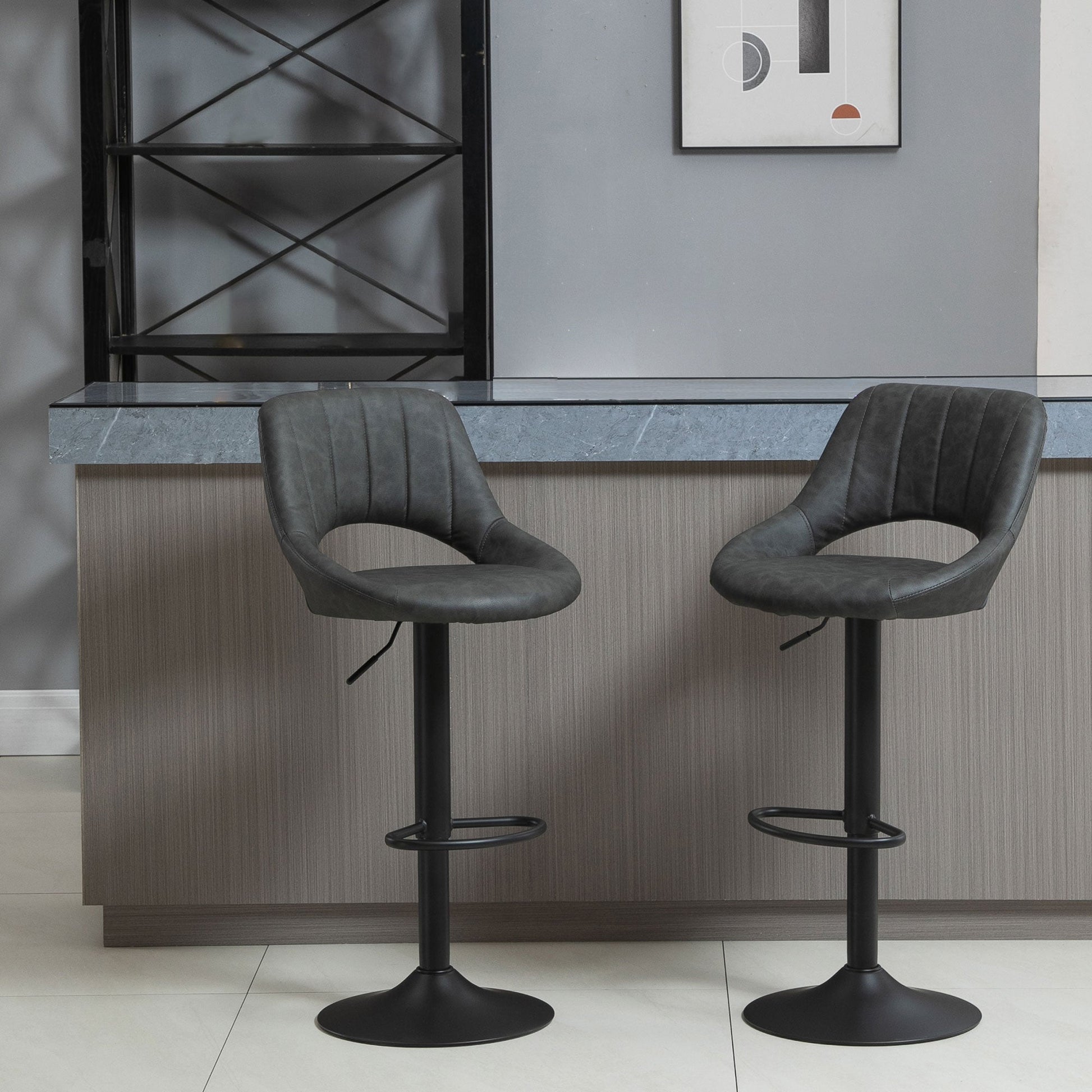 Set 2 swivel bar stools with back and footrests, modern stools with adjustable height in metal metal seated Grey-like, 44x49x90-110cm - Borgè