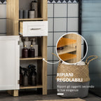 Kleankin high bathroom cabinet in chipboard with a drawer, 2 lockers and 2 adjustable open shelves, 37x30x184 cm - Borgè