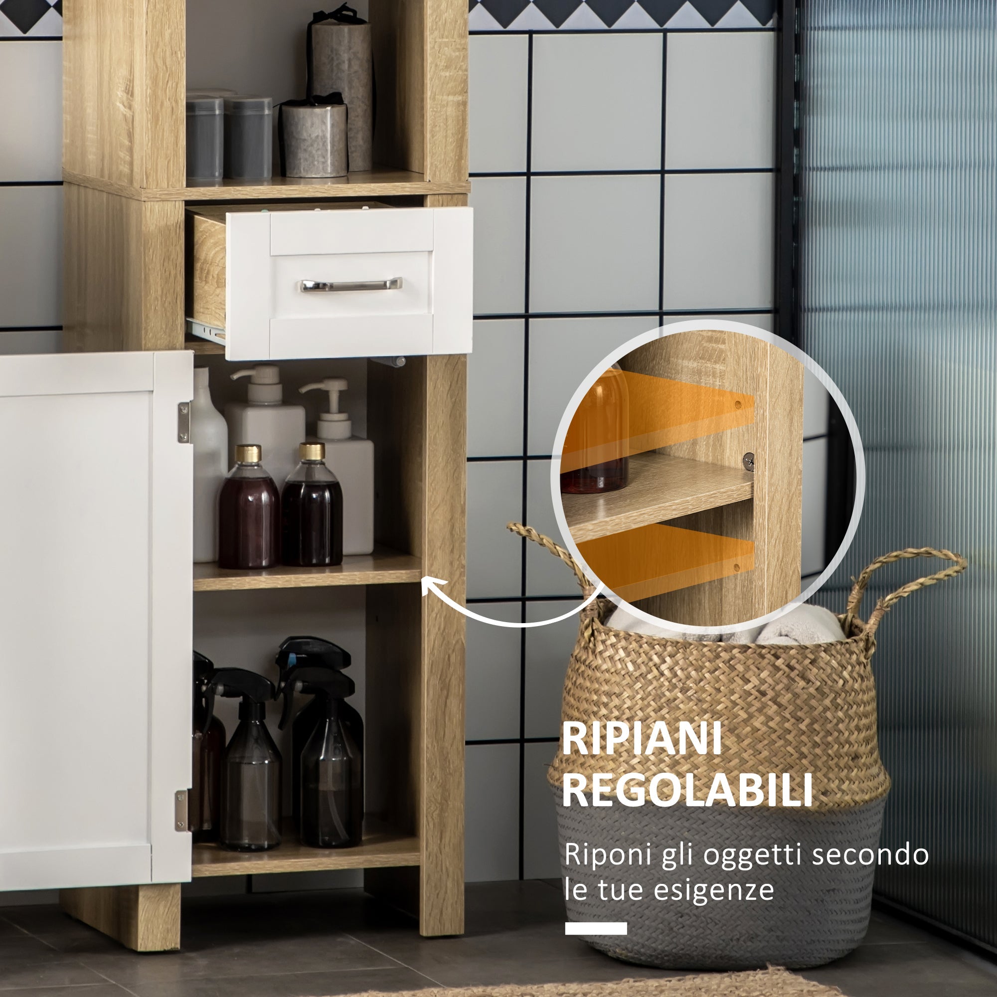 Kleankin high bathroom cabinet in chipboard with a drawer, 2 lockers and 2 adjustable open shelves, 37x30x184 cm - Borgè