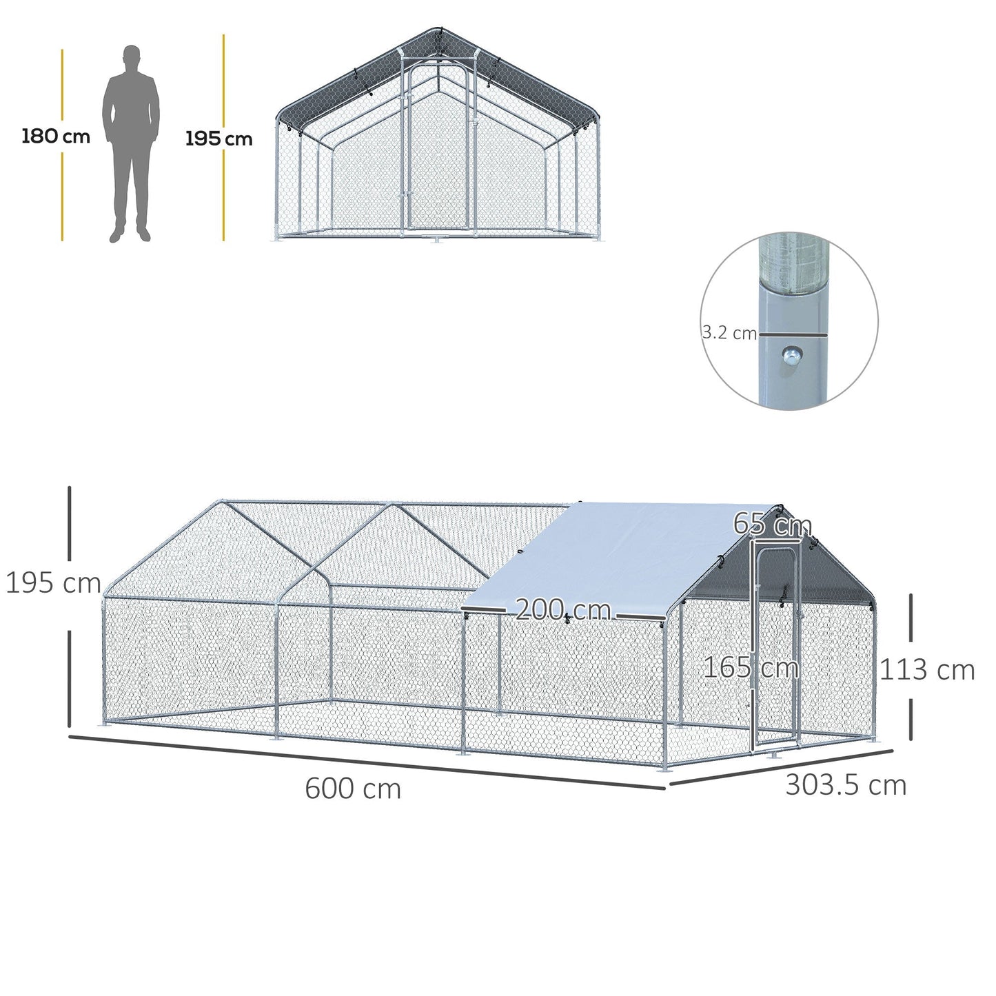 Pawhut Pollaio for Outdoor Chickens in metal with Oxford fabric cover, 600x303.5x195 cm, silver - Borgè