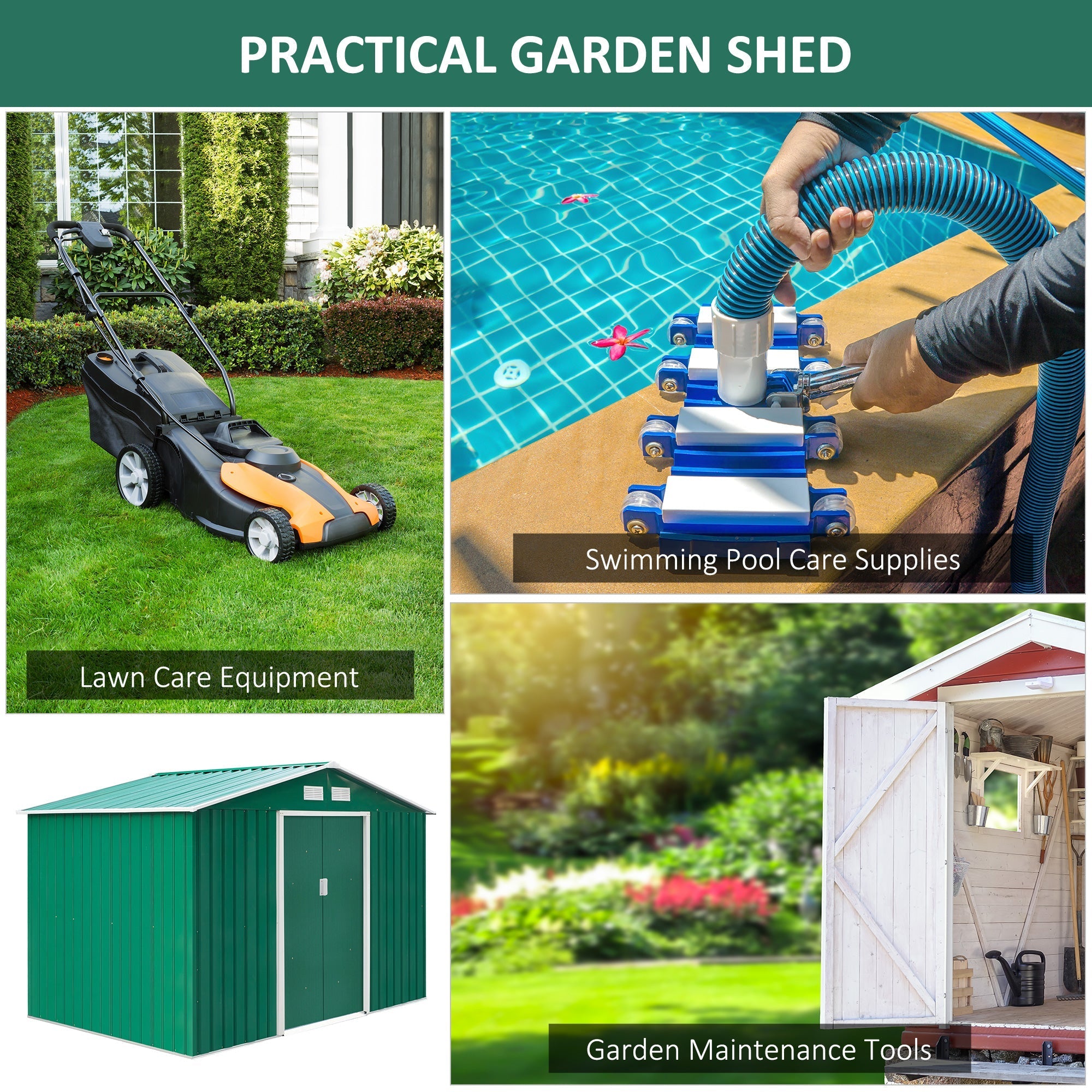 Garden Shed with Base and Double Sliding Doors, Steel Garden Shed, 277x195x192 cm, Dark Green - Borge' Group Limited