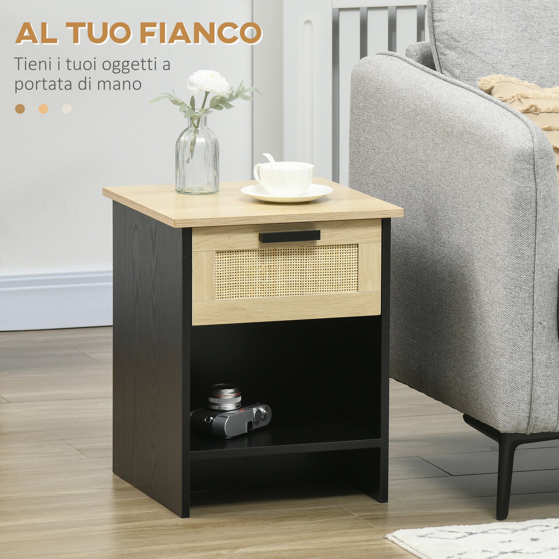 Boho Chic Style Wooden and Rattan Nightstand with Drawer and Shelf, 40x40x50cm, Black and Natural - Borgè