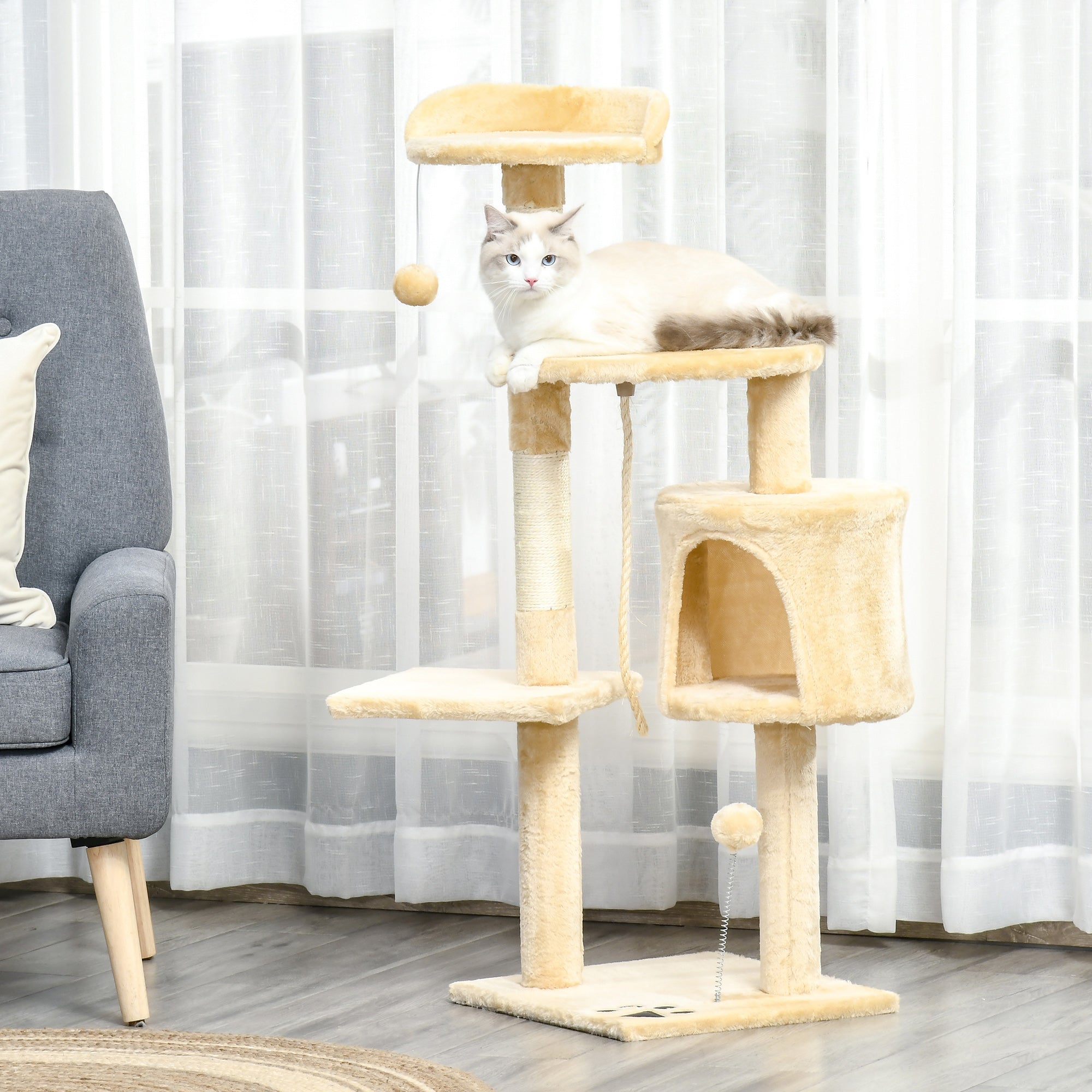 Beige Cat Tree for cats with Scratch Pole , 40x40x114cm - Borge' Group Limited