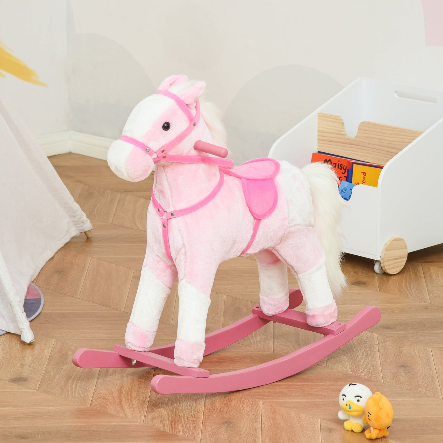 Homcom wooden horse in wood with animal sound toy gift for children 74 x 28 x 65cm pink - Borgè