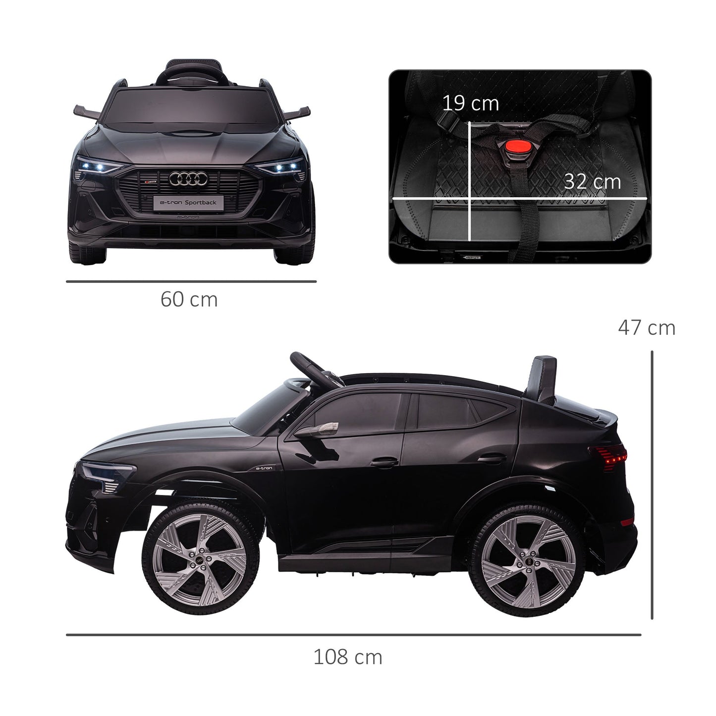 AUDI - Children's Electric Machine with Remote Control, 12V, Speed 3-8km/h, Lights and Music, Age 3-5 Years, Black - Borgè