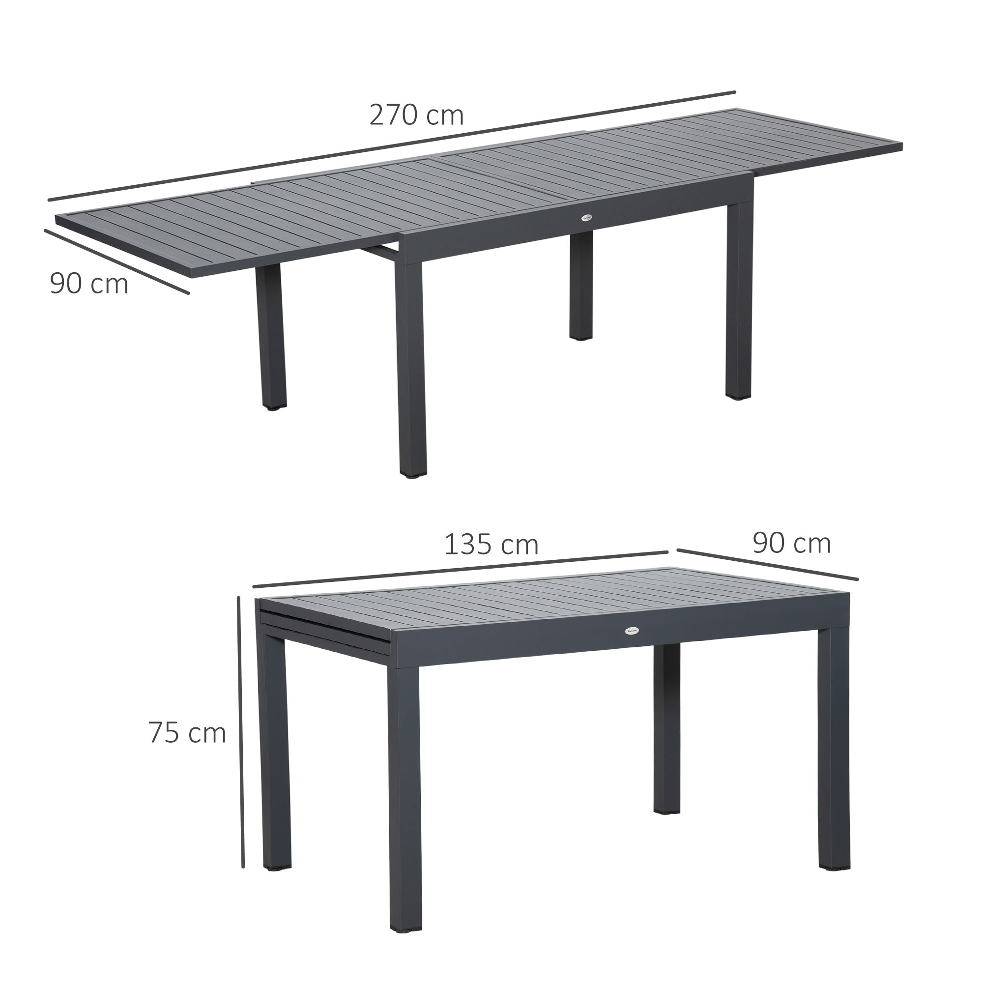 Extendable Garden Table for 8-10 People, Aluminum, 135-270x90x75cm, Grey - Borge' Group Limited