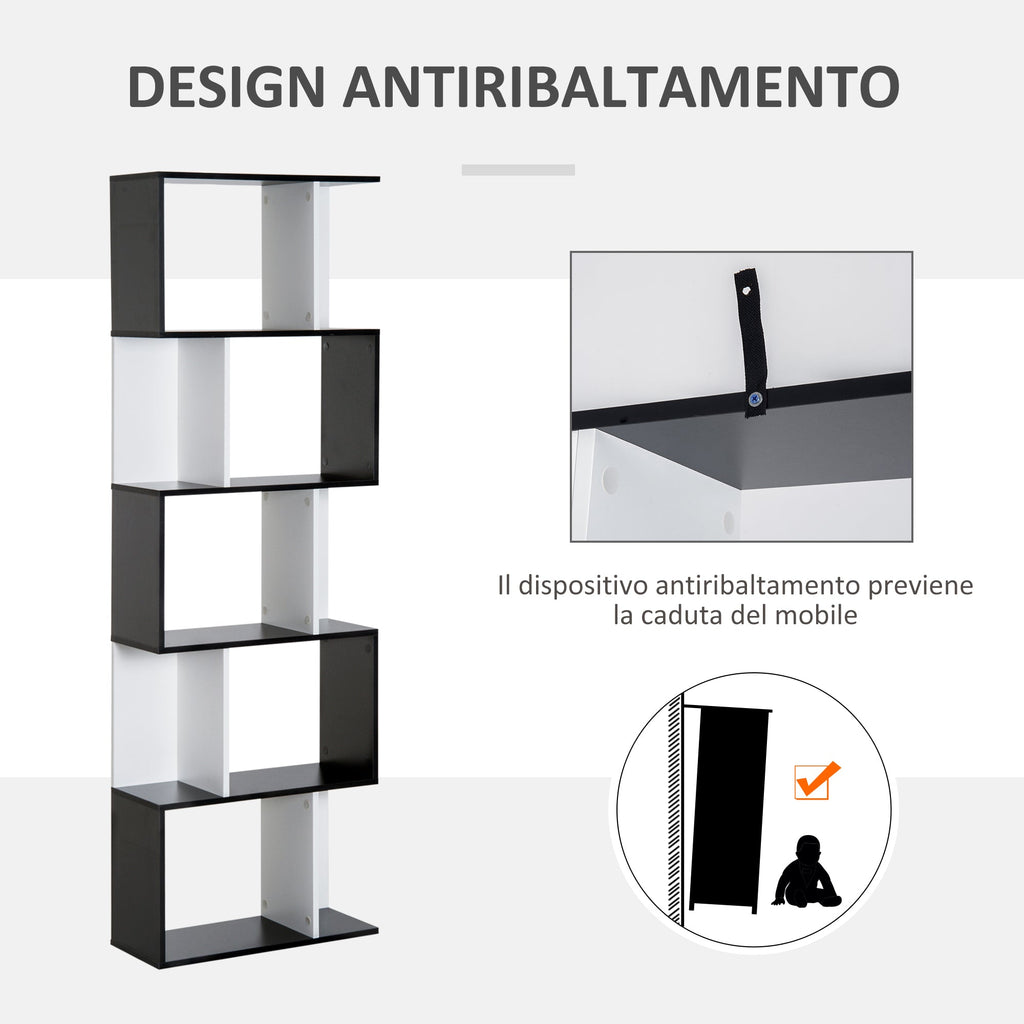 Homdom Modern Wall Library 5 Black and Black Wooden Woodlings, 60x24x184.5cm - Borgè