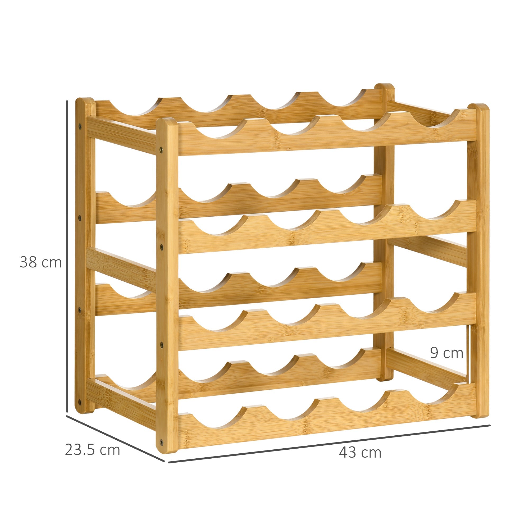 4 -level wine rack shelf for 16 bamboo wood bottles, 43x23.5x38cm - Borgè