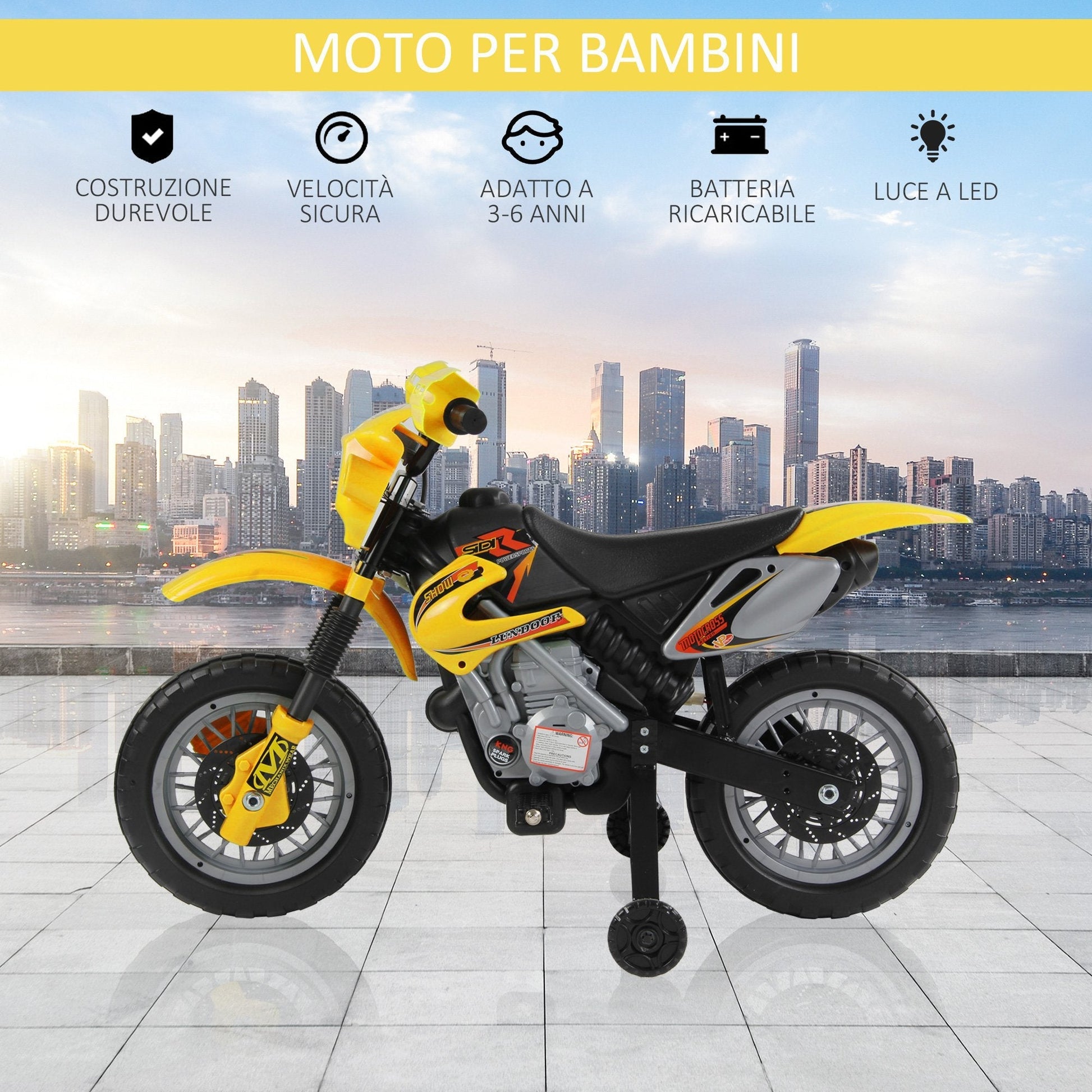 Moto Electric Cross with yellow wheel for children 3 years and more, 6v speed 6v 2.5km/h battery, 102 x 53 x 66cm - Borgè