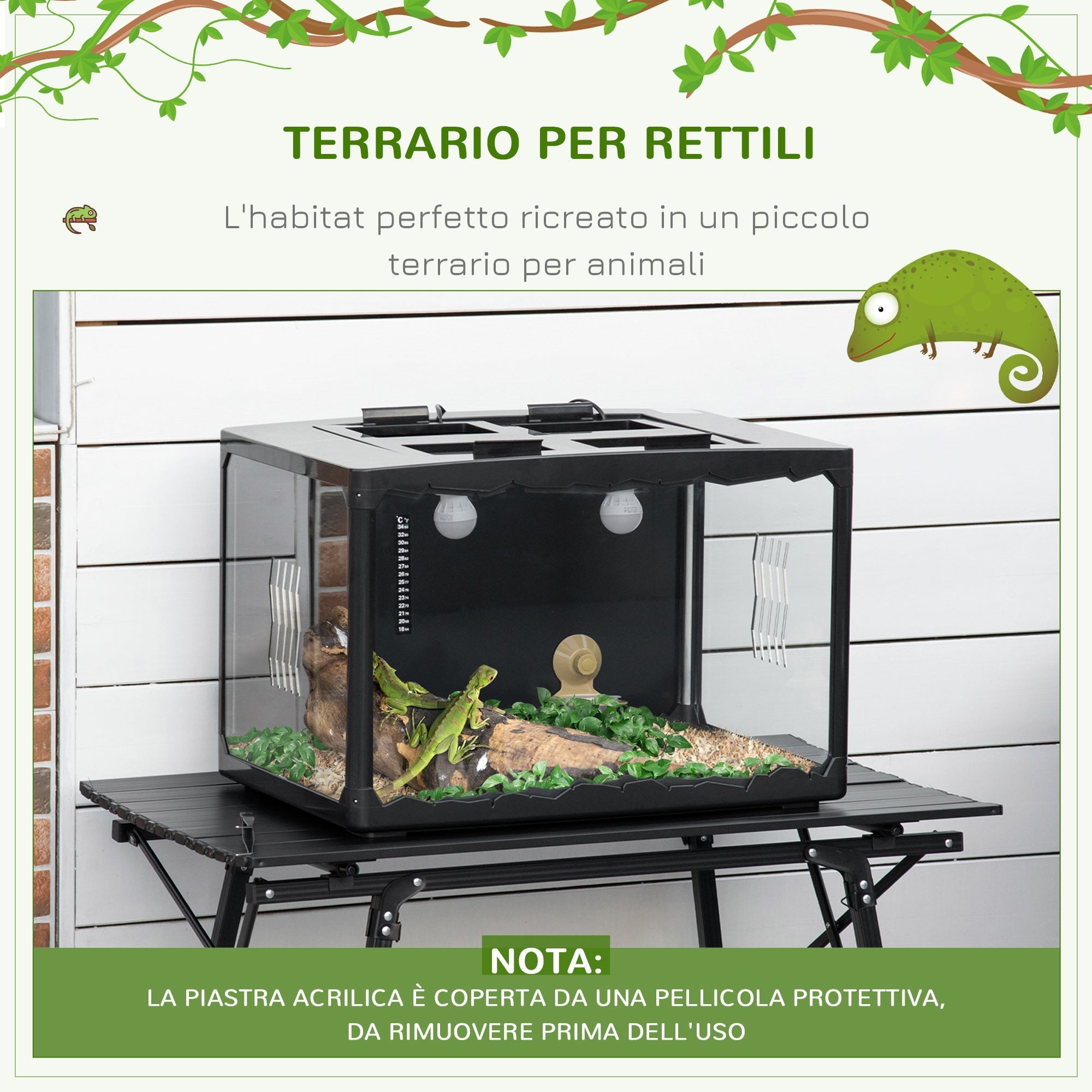 Terrarium for Tortoises and Reptiles with Thermometer 18-34℃, 60x40x40.5 cm, Black - Borge' Group Limited