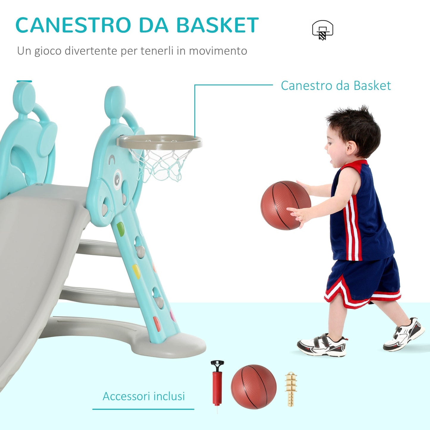 slide for children with basketball basketball for interior and outdoor in PP and HDPE, age 2-4 years, Grey and blue - Borgè