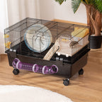 Hamster Cage with House, Tunnel and Wheel, Base with 4 Wheels, 60x35x38.5cm, Black and Brown - Borge' Group Limited