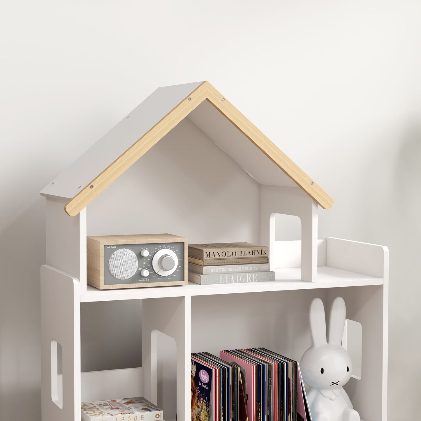 Zonekiz Library for children 3-6 years at 3 levels for books and games, in mdf and pine wood, 65x25x108.5 cm, white - Borgè