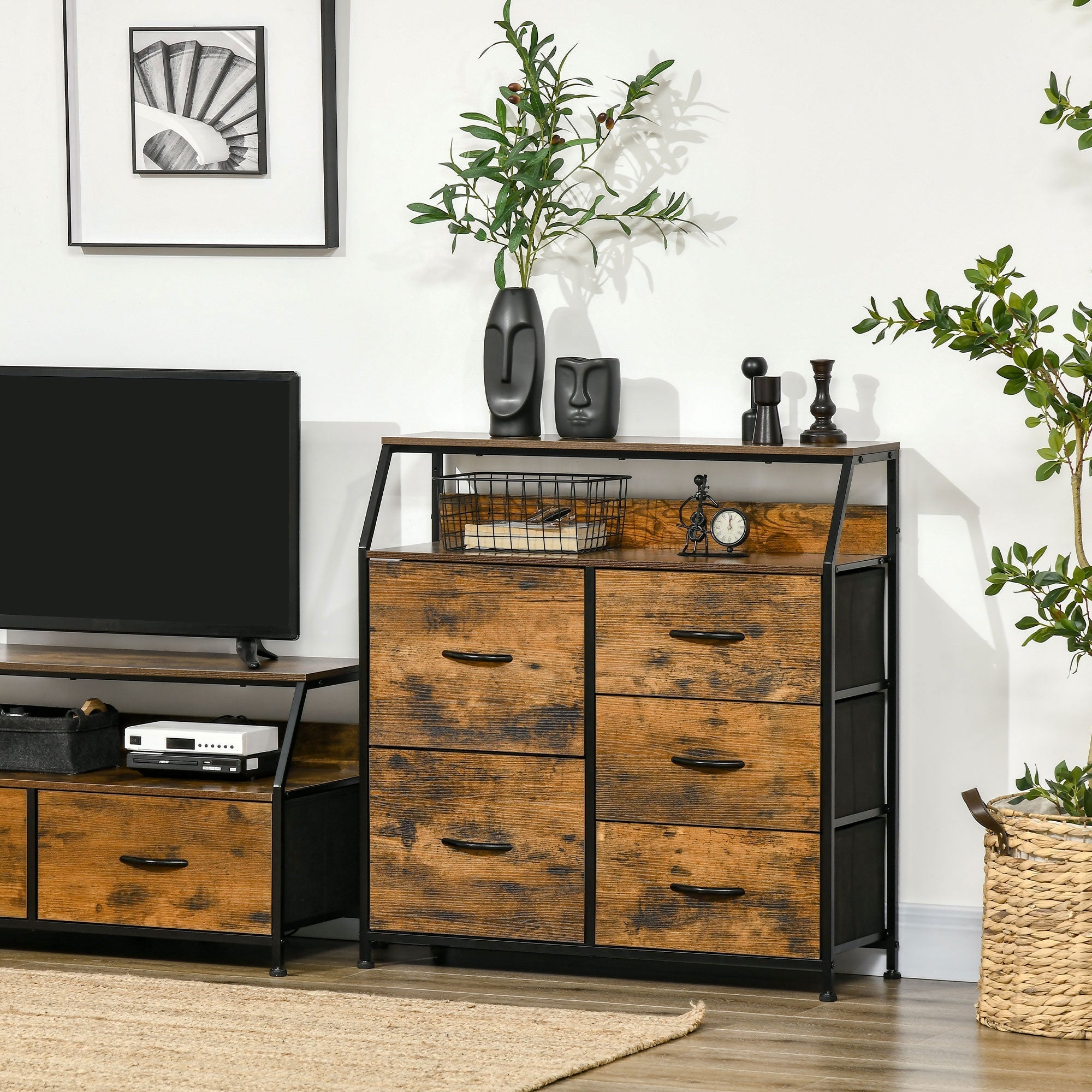 Mobile chest of drawers with 5 drawers in folding fabric industrial style, 83.5x29x87cm, brown - Borgè