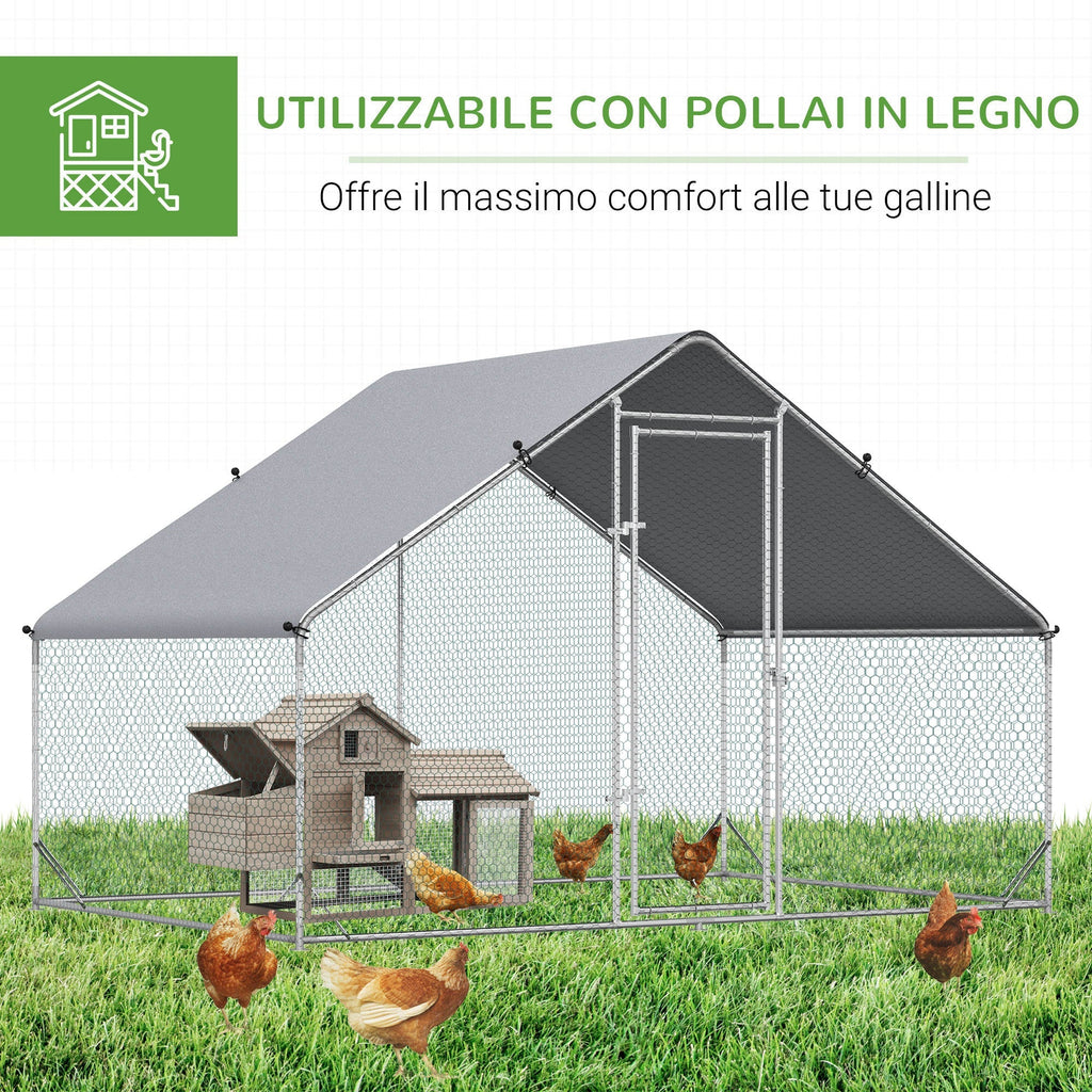 Garden chicken coop with galvanized frame, waterproof coverage and hexagonal network, 3x2x2m, silver - Borge' Group Limited