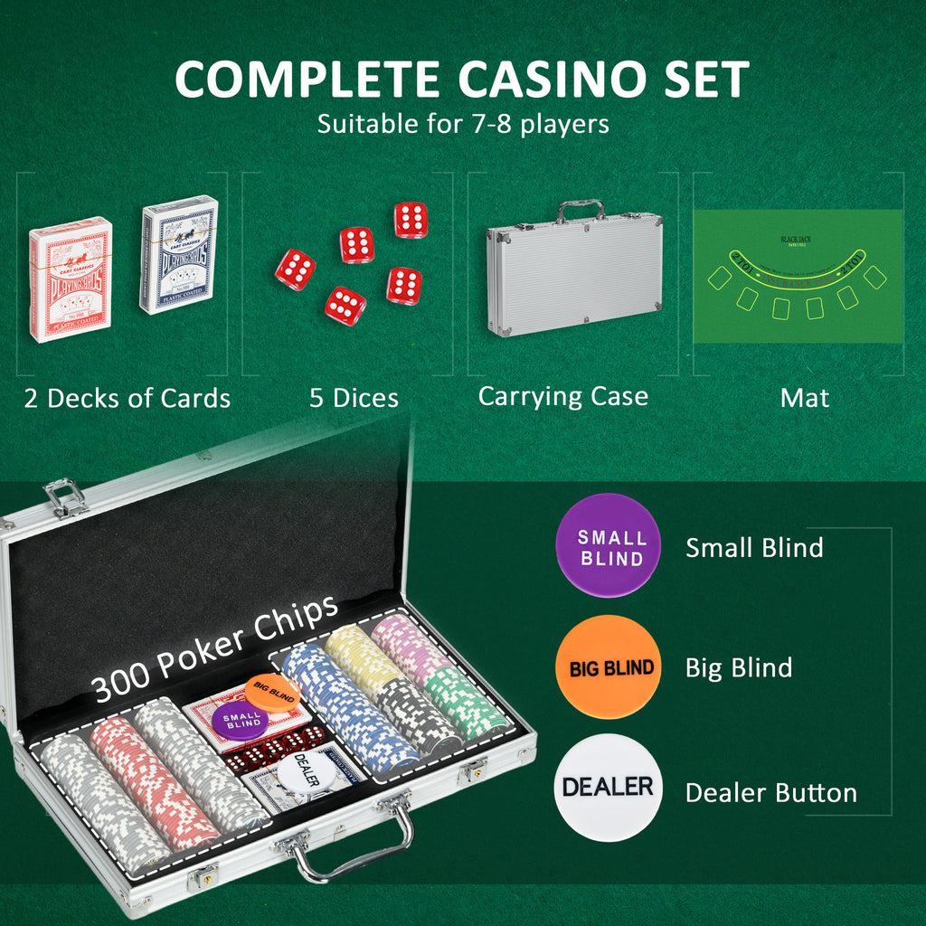 SportNow Set Poker for 7-8 players with 300 chips, 2 decks of cards and 5 dice, aluminum and polyester - Borgè