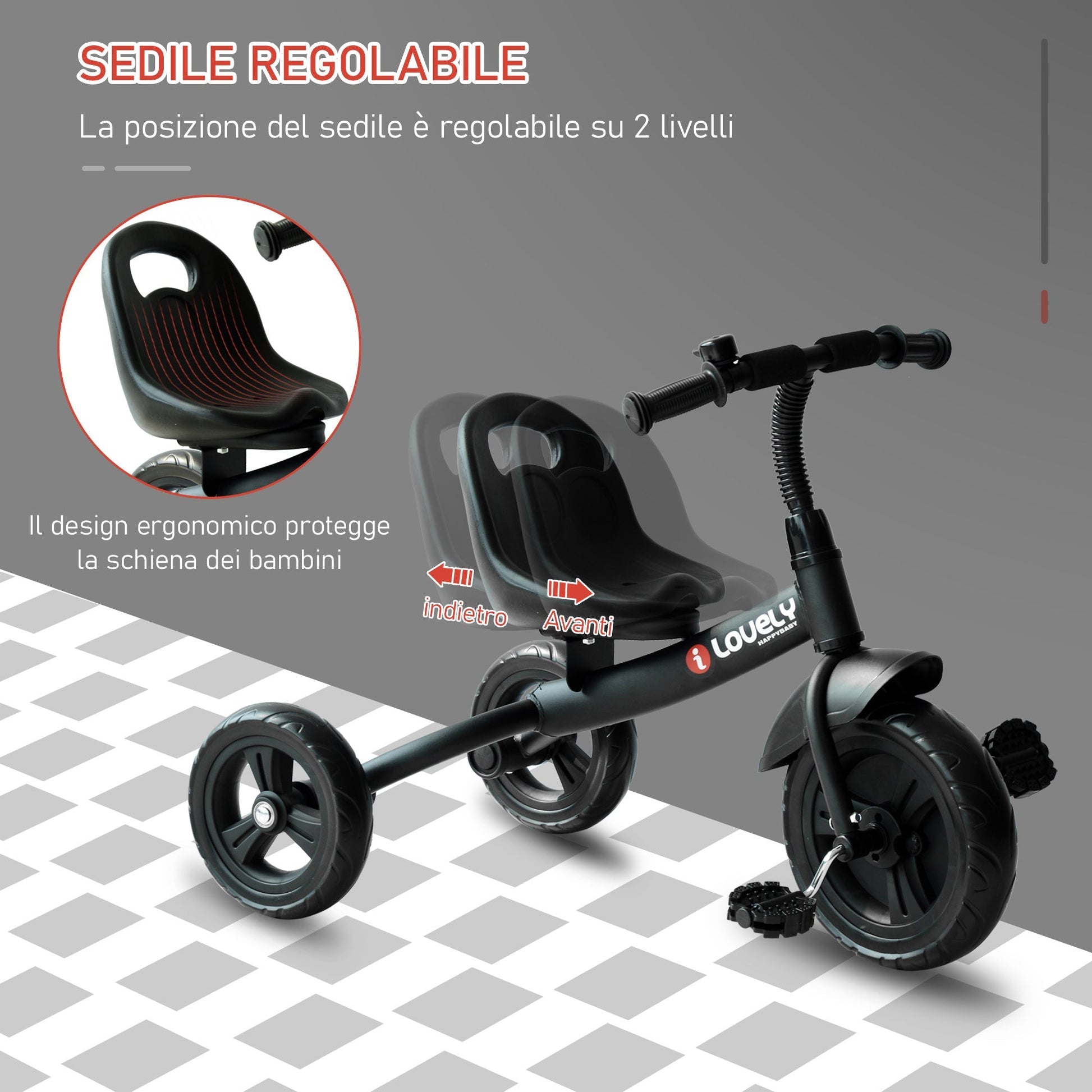 metal tricycle with bell, mudguard, special wheel, black - Borgè