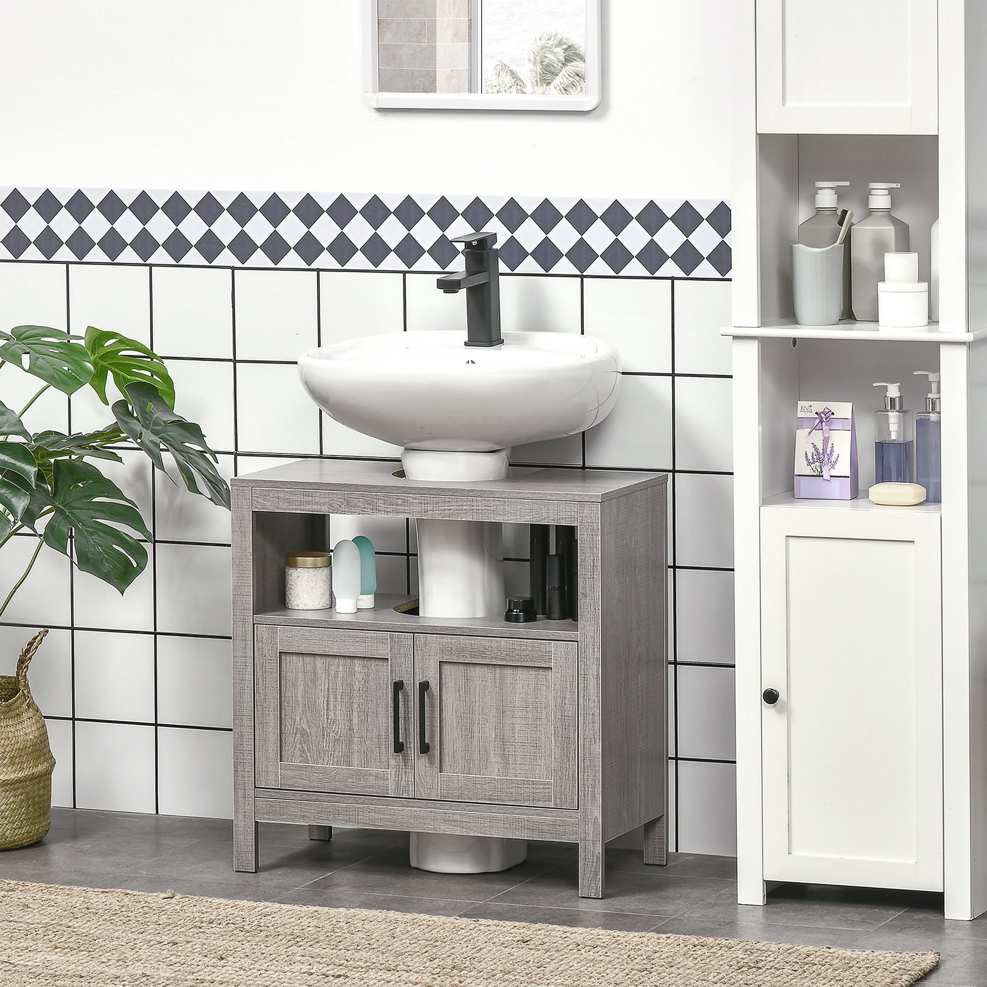 Kleankin Mobile sublavabo with 2 doors and wooden shelves 60x30x60cm, Grey wooden shelves - Borgè