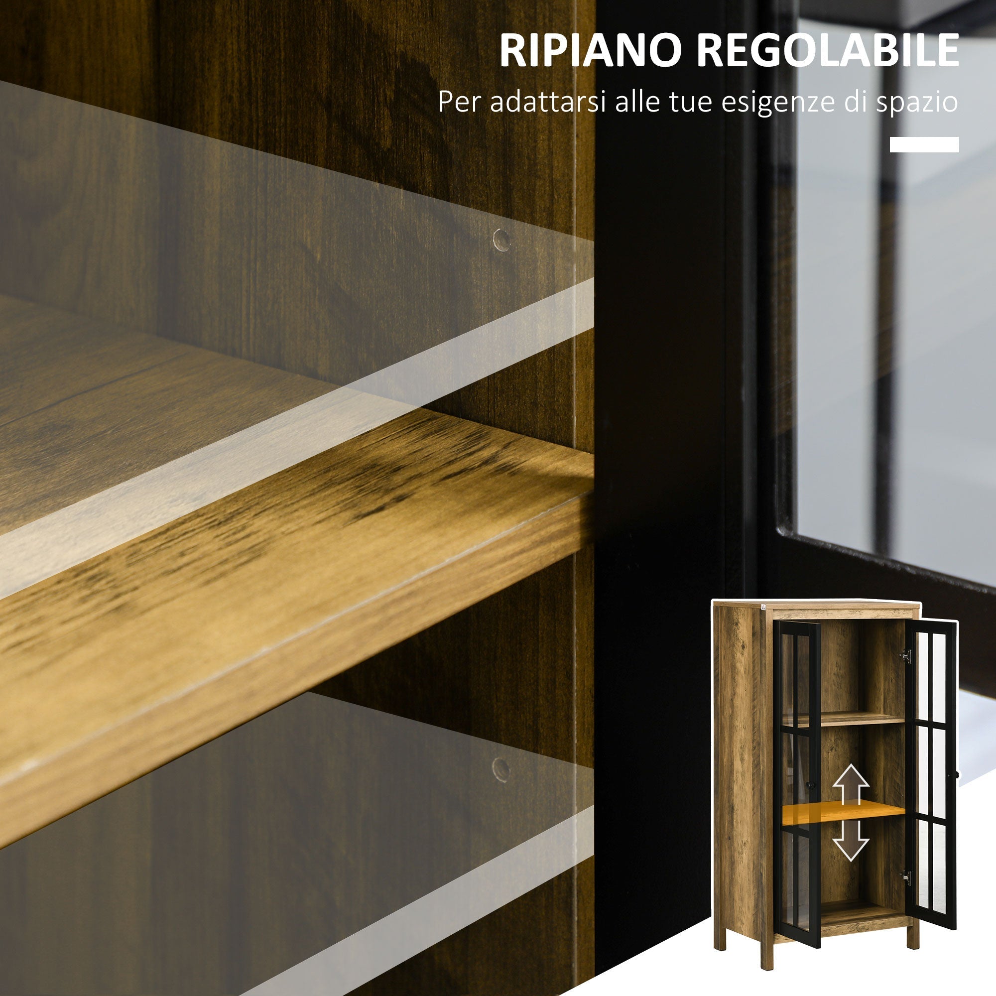 Modern Credenza to 2 Glass and Wood Doors, 60x35x120cm, brown - Borgè
