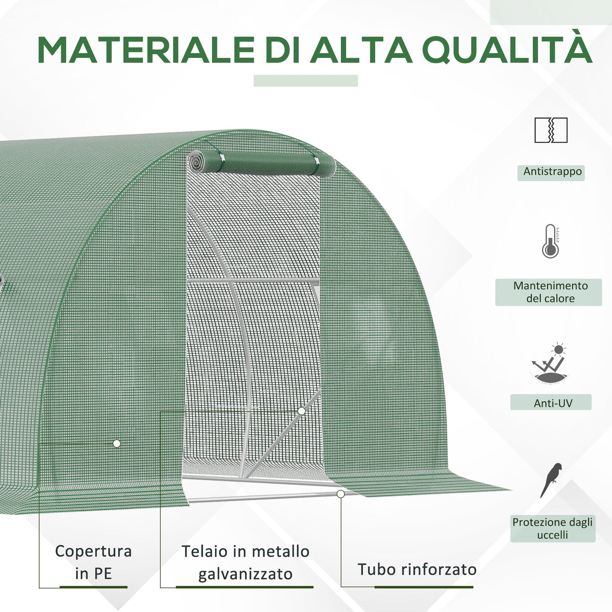 Outsunny 4.5x3x2m Outdoor Tunnel Greenhouse with PE Cover, Zippered Door and 6 Windows, Green - Borgè