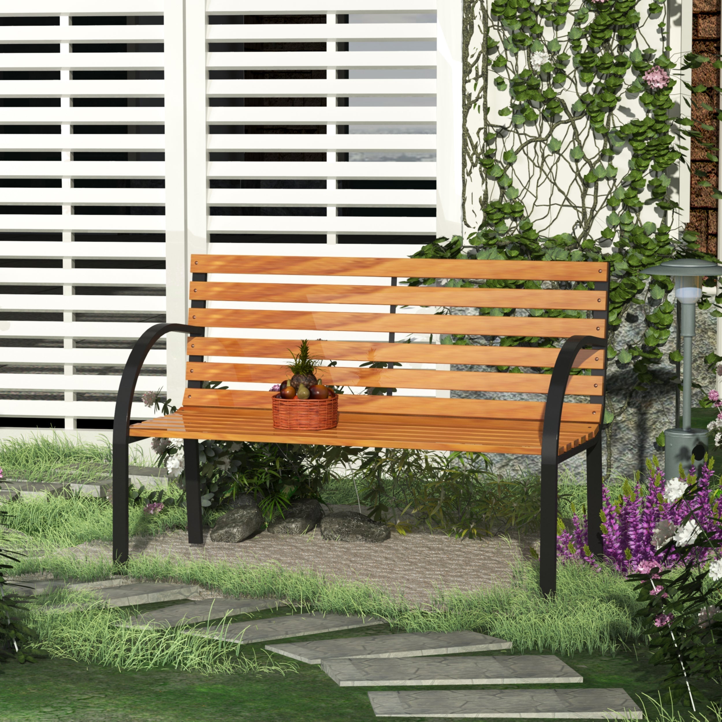 2-Seater Wooden Bench, Outdoor Bench, Garden, Balcony or Terrace 122x60x83cm, Black and Wood Color - Borge' Group Limited
