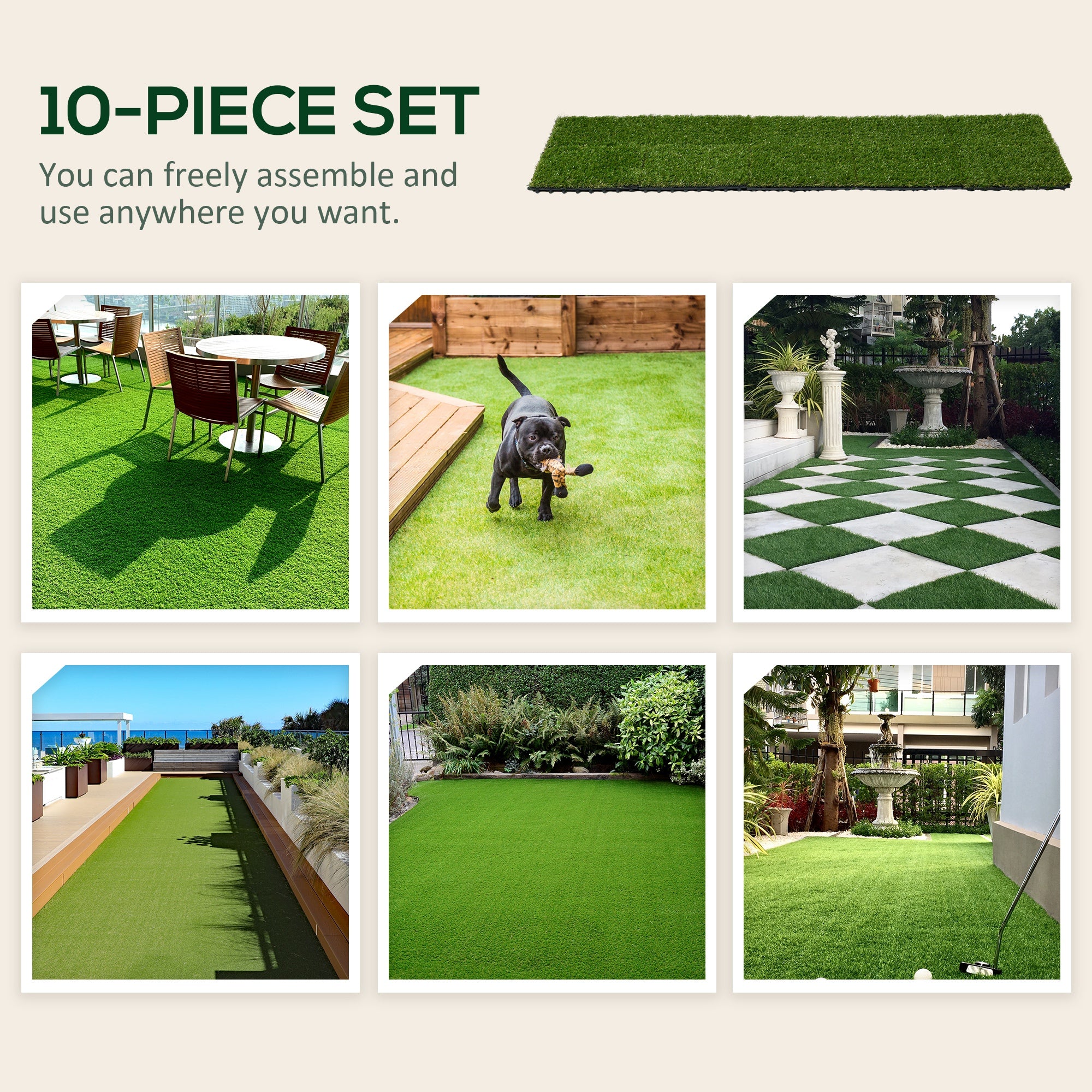 Outsunny garden tiles with synthetic grass 30x30cm 10 pieces, realistic artificial lawn, green - Borgè