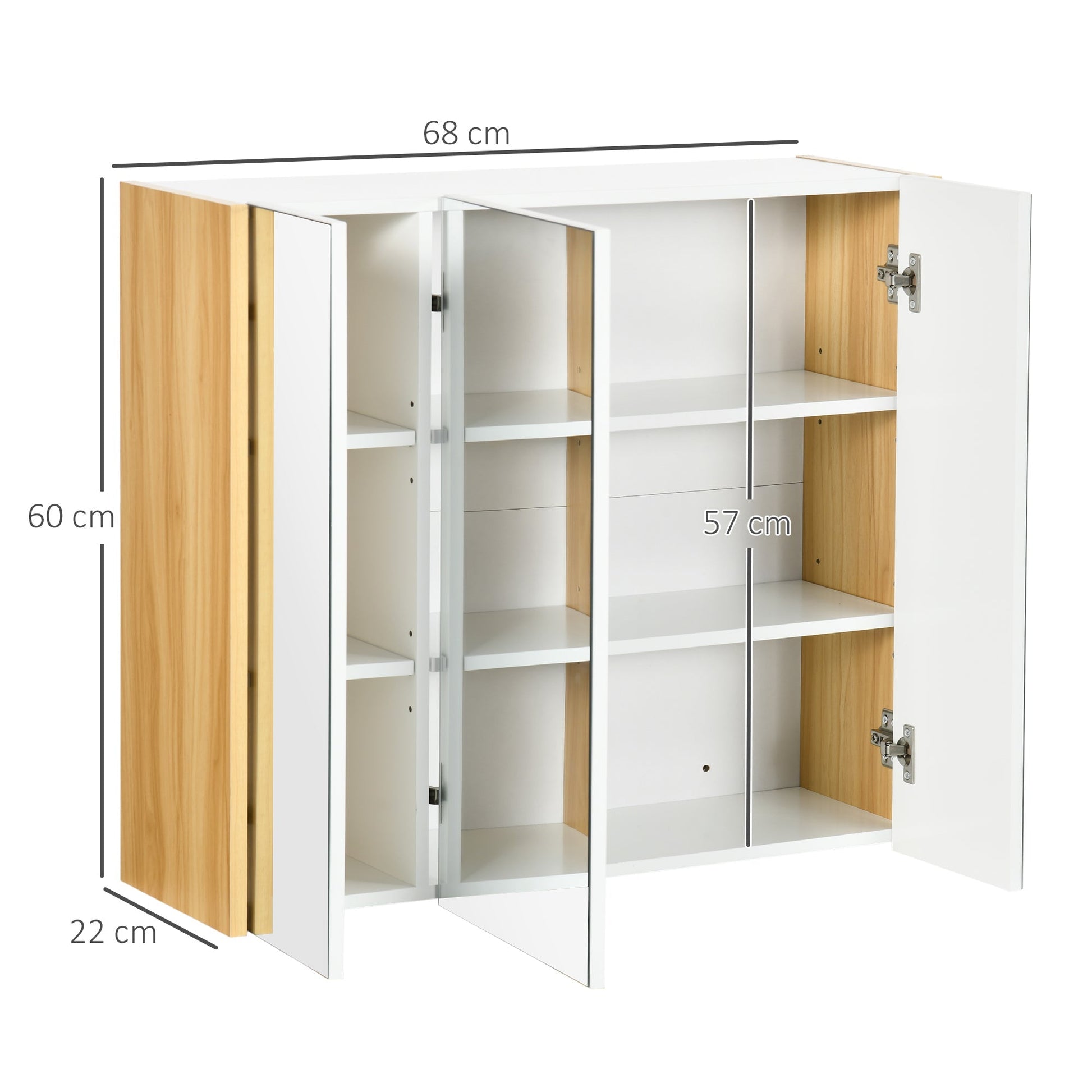 kleankin 3 -door bathroom mirror cabinet with adjustable shelves, 68x22x60cm, white - Borgè