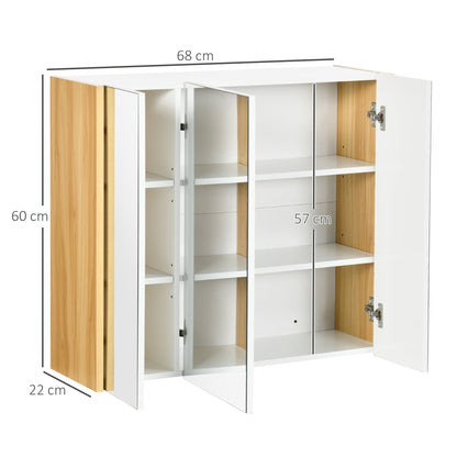 kleankin 3 -door bathroom mirror cabinet with adjustable shelves, 68x22x60cm, white - Borgè