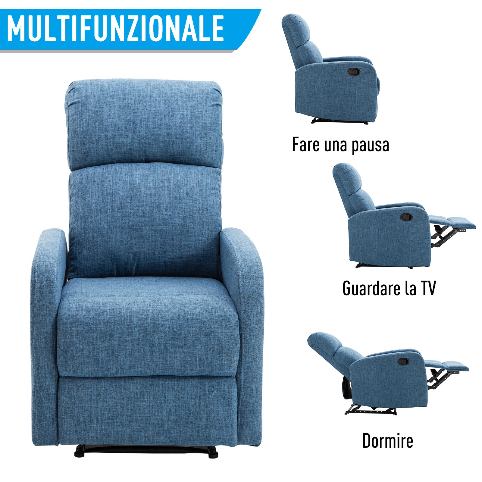 Homcom Relaxable Relaxing Manual Armchair With Bring 125kg Blue Fabric 66 Ã— 83 Ã— 107cm - Borgè