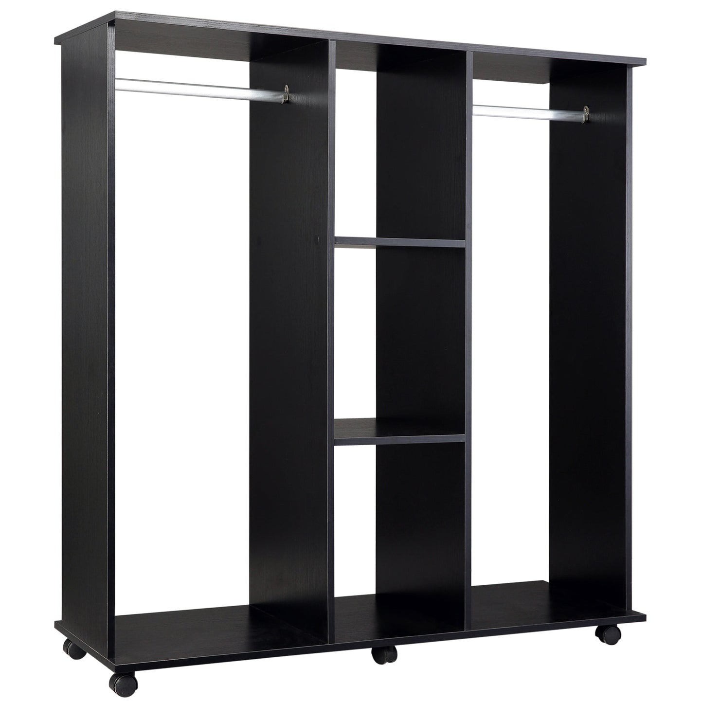 wardrobe wardrobe with 5 shelves with wheels and bars in wood and aluminum, black, 120x40x128cm - Borgè