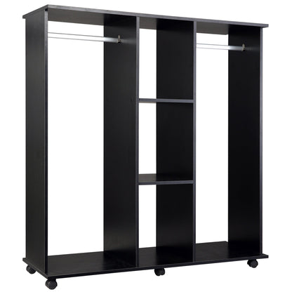 wardrobe wardrobe with 5 shelves with wheels and bars in wood and aluminum, black, 120x40x128cm - Borgè