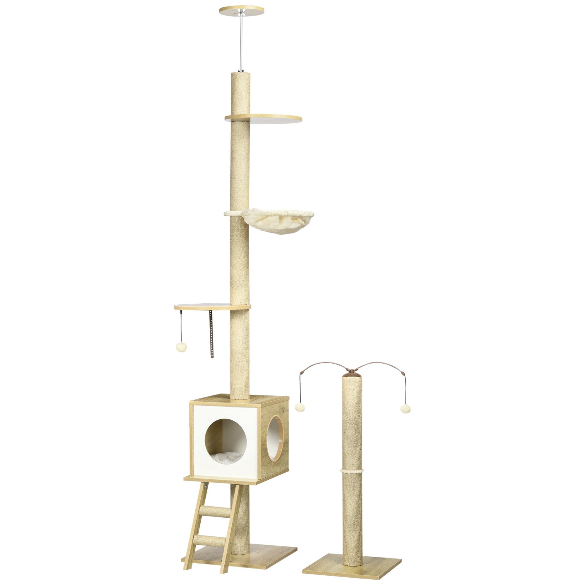 Height Adjustable Chipboard Cat Tree with Scratching Post, House, Hammock and Ball, 40x40x225-285 cm - Borge' Group Limited