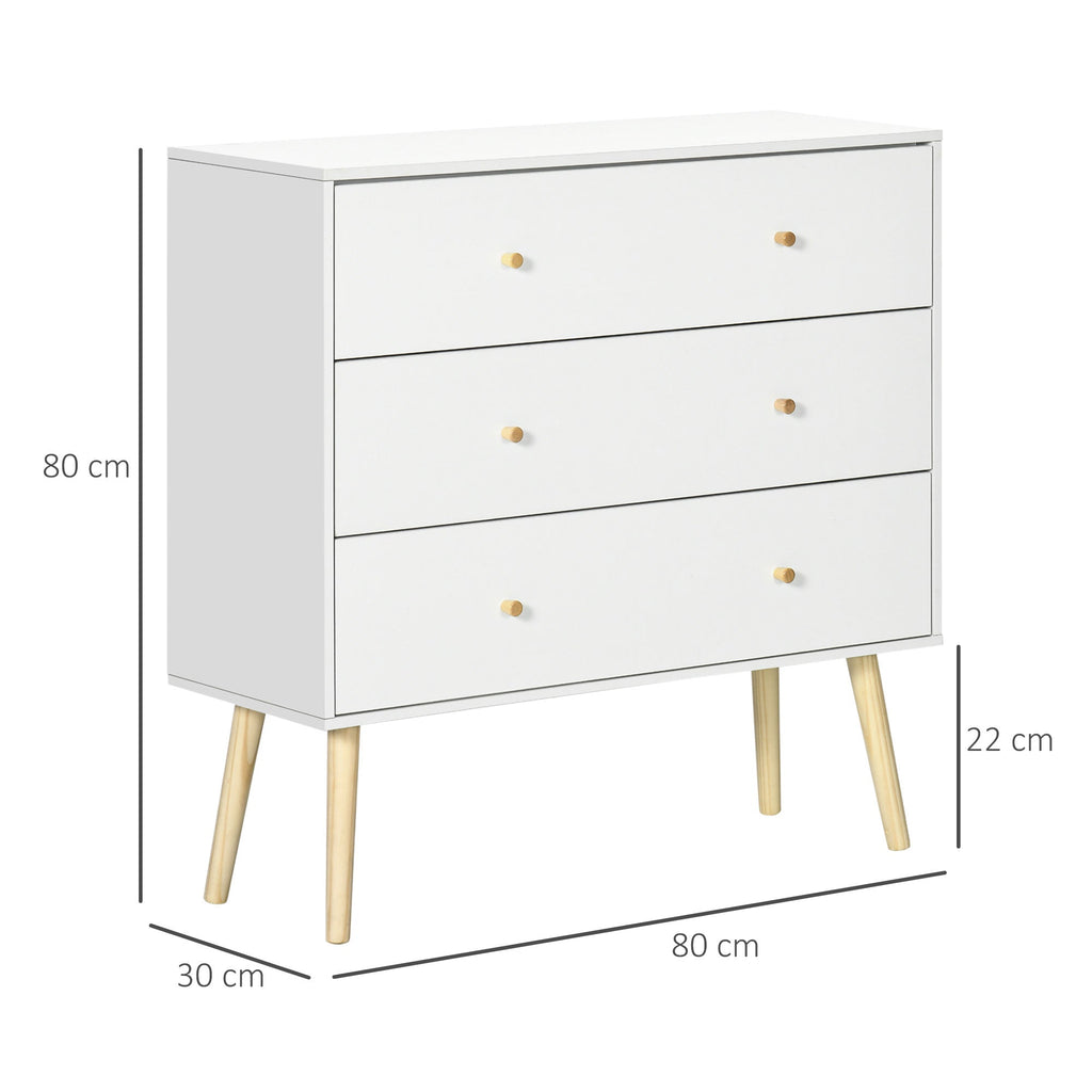 chest of drawers 3 drawers with chipped handles and pine wood for living room and room, 80x30x80 cm, white - Borgè