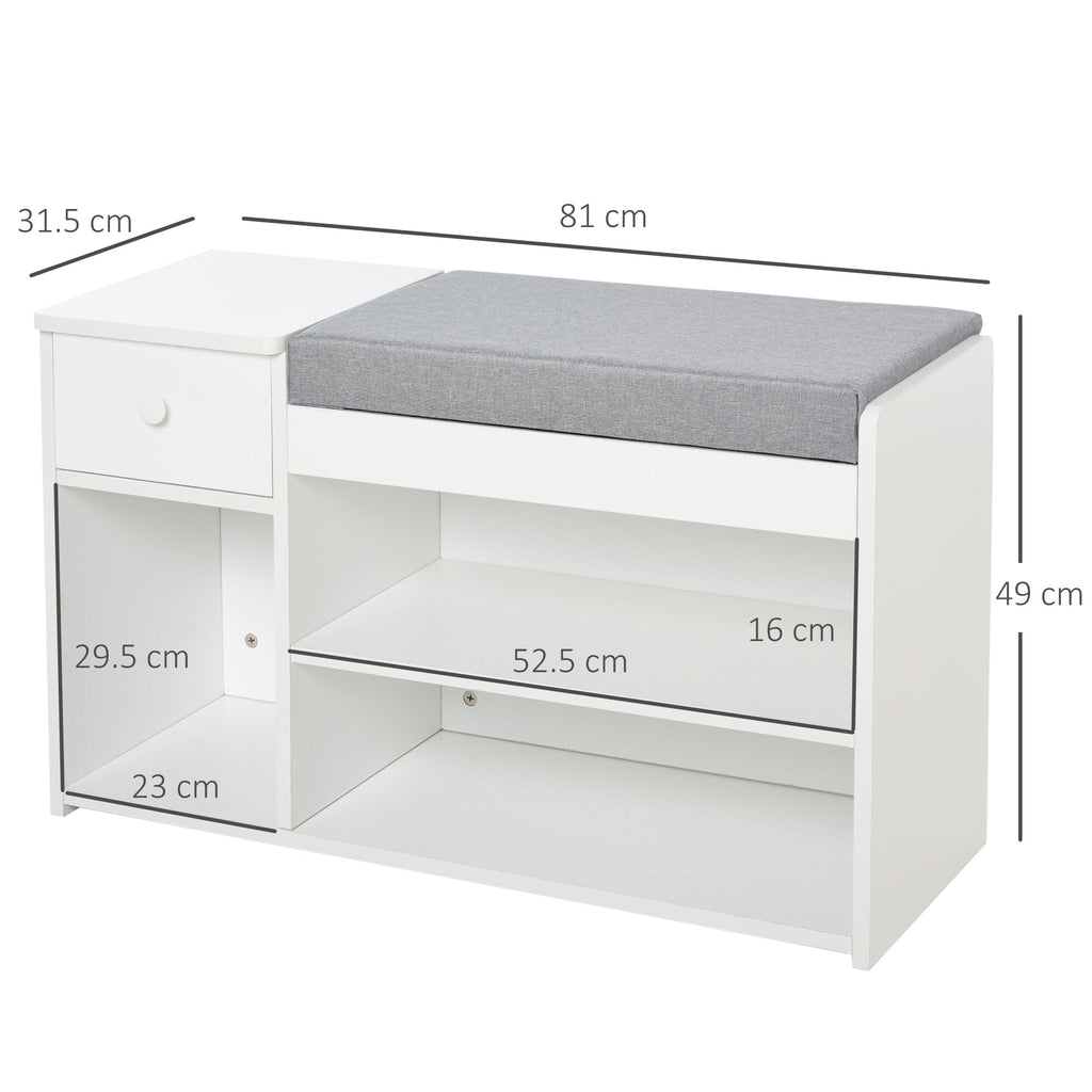 Bench Shoeing with pillow, drawer and 3 open in wooden rooms, 81x31.5x49cm, white - Borgè