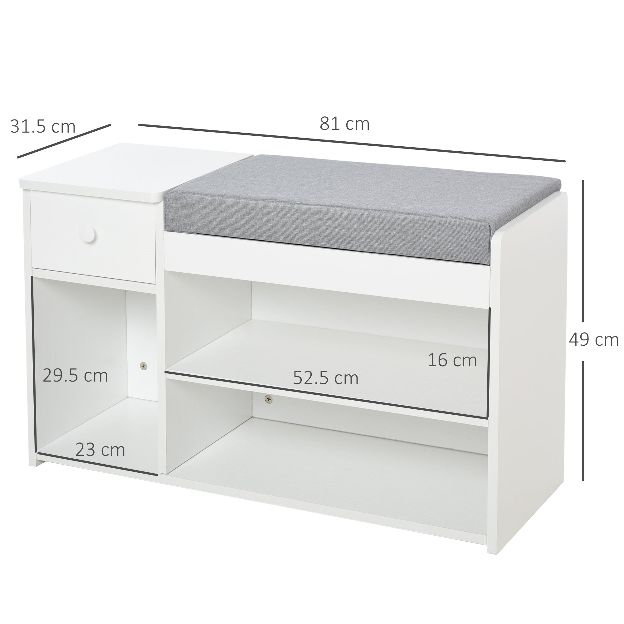 Bench Shoeing with pillow, drawer and 3 open in wooden rooms, 81x31.5x49cm, white - Borgè