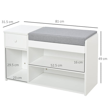 Bench Shoeing with pillow, drawer and 3 open in wooden rooms, 81x31.5x49cm, white - Borgè