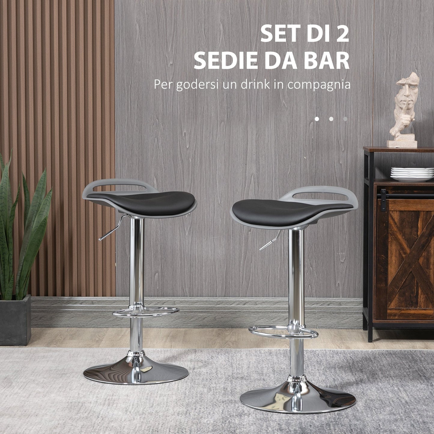 set of 2 bar stools with adjustable height and swivels with footrests, black - Borgè