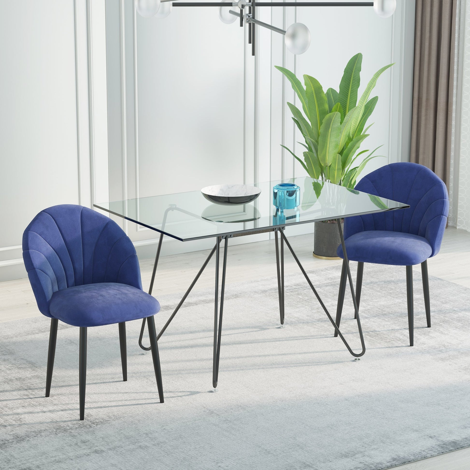 Set 2 chairs of dining room and living room padded, Nordic and ergonomic design in metal and blue velvet, 52x54x79 cm - Borgè