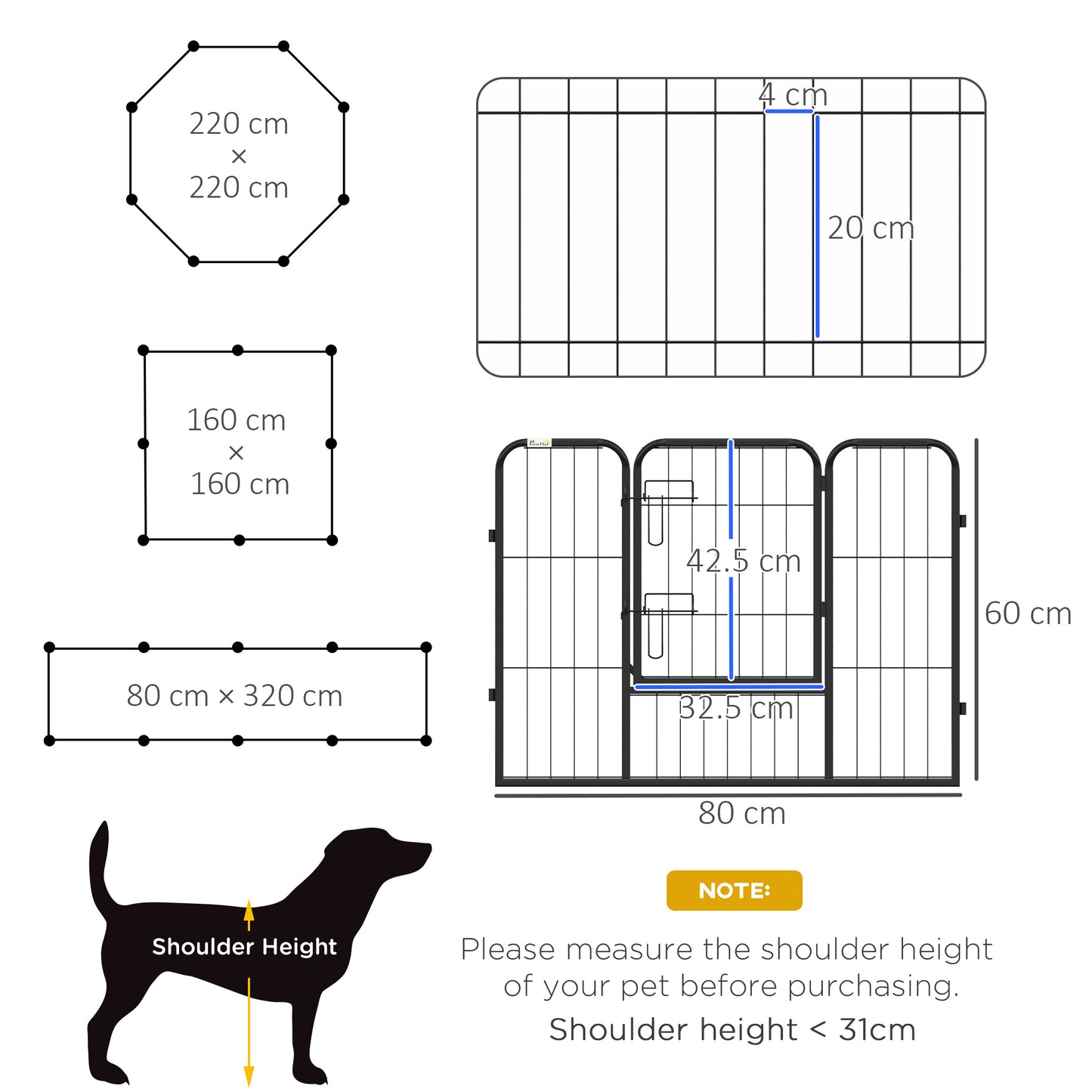 PAWHUT Fence for 8 -piece dogs modular for interior and outdoor, in steel, 80x60 cm, black - Borgè