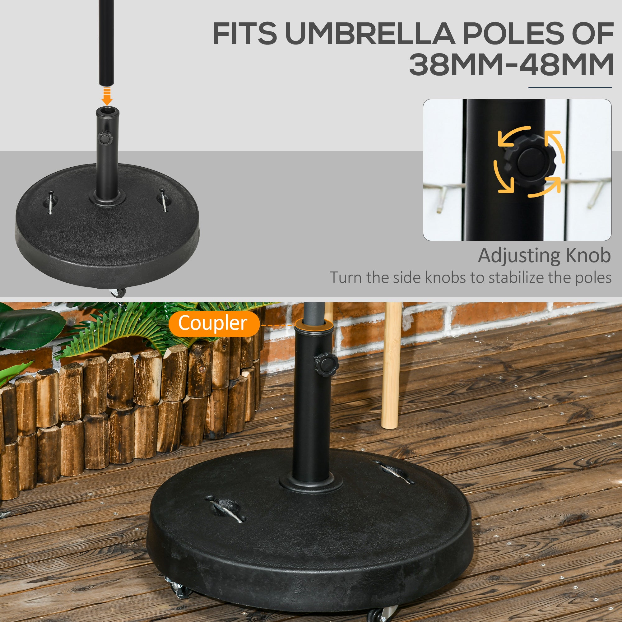 Outsunny base for 23.5kg umbrella with 2 crank and wheels, resin and steel, Ã˜53x41 cm, black - Borgè