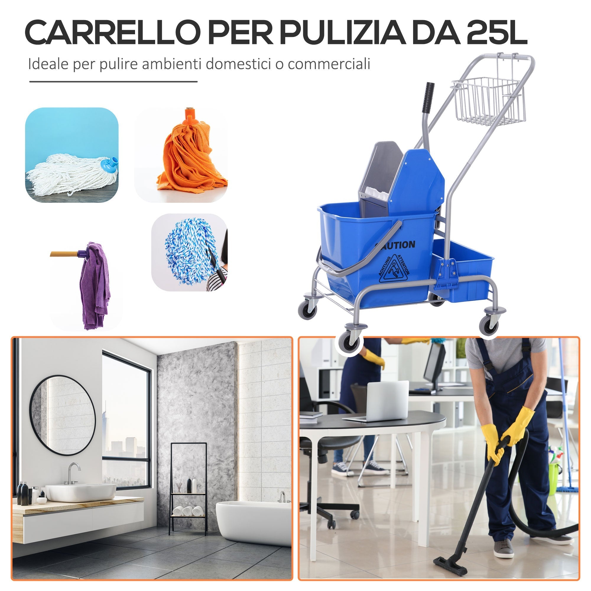 Professional cleaning cart with 25L and stripper bucket, blue - Borgè
