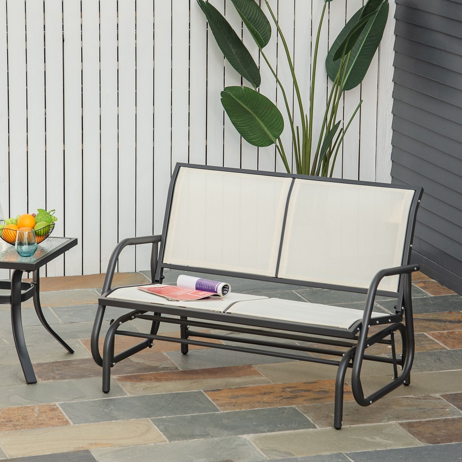 CARLISLE | 2 Seater Garden Swing Bench Metal Breathable Mesh Fabric 120x70x85cm Beige - Borge' Group Limited