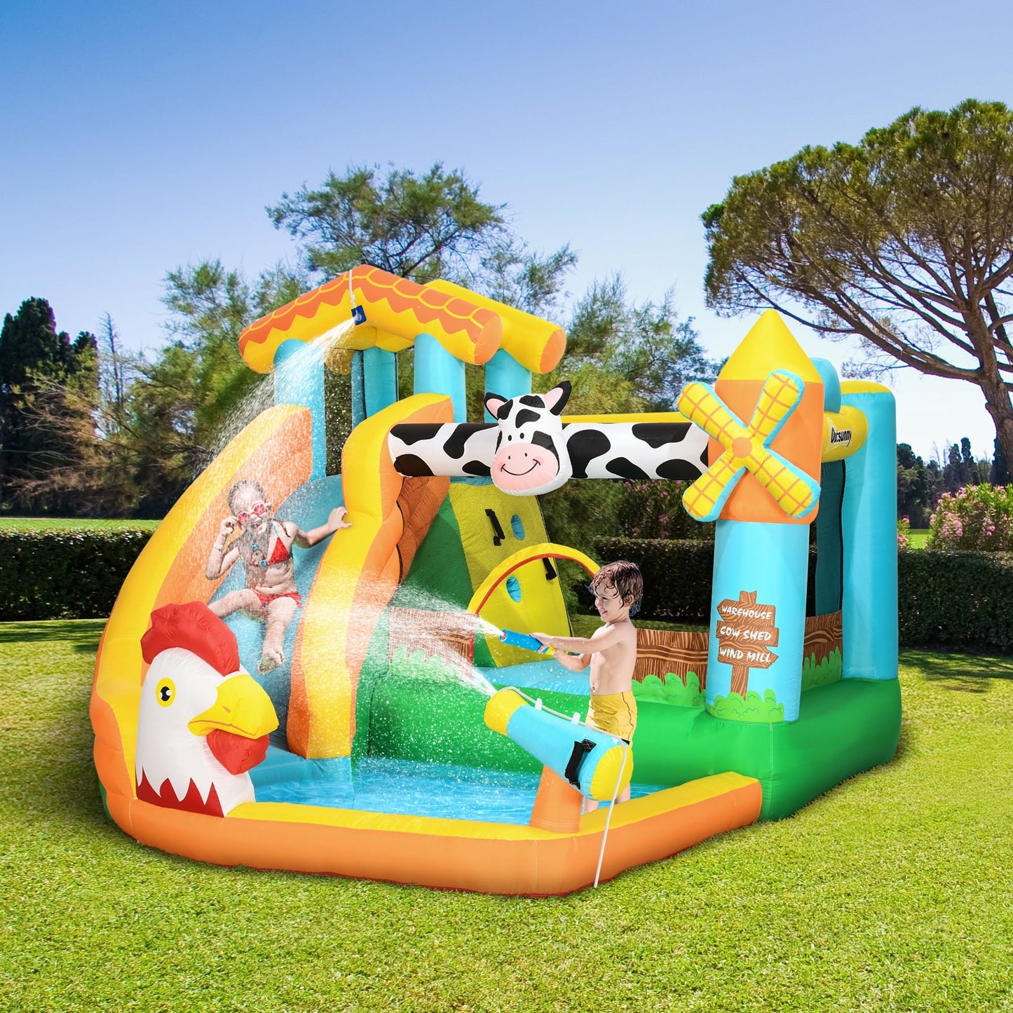 Outsunny inflatable game for children 3-8 years with a farm theme with bag, 11 stakes and patches included, 350x275x220 cm - Borgè