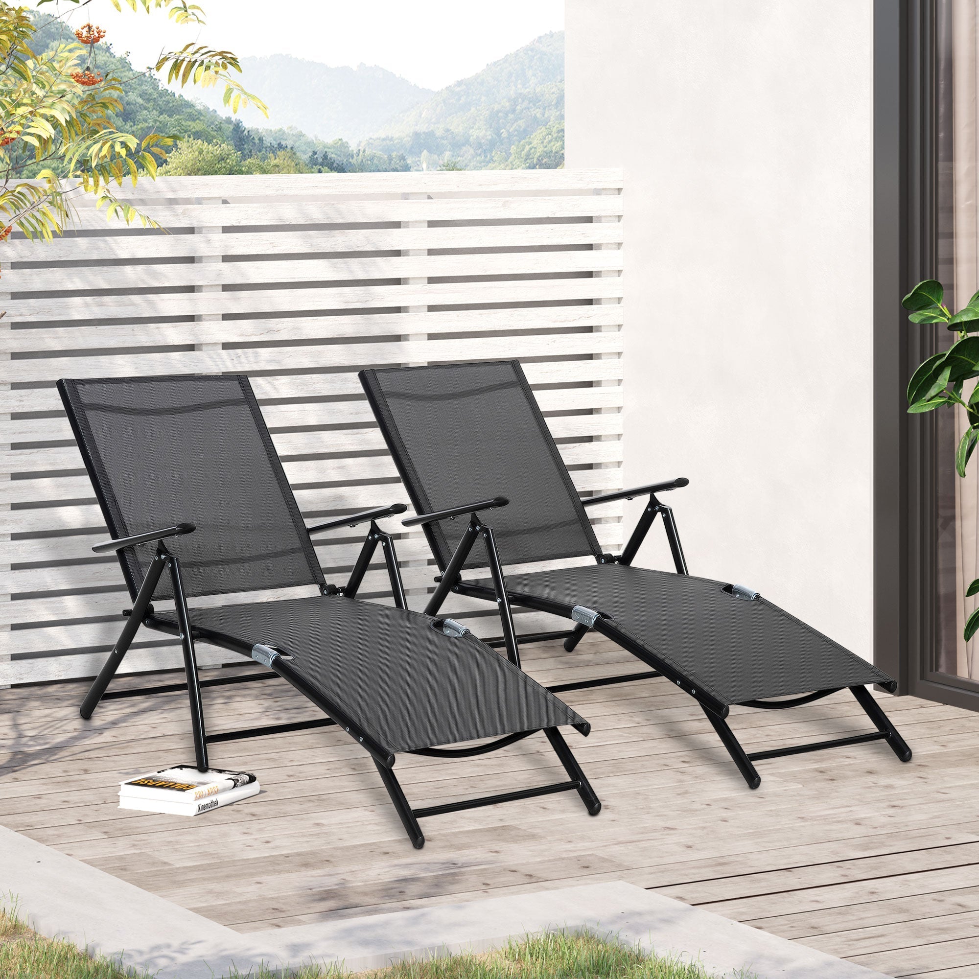 Oustunny set 2 folding garden deckchair with adjustable backrest, 64x134x95cm, black - Borge' Group Limited