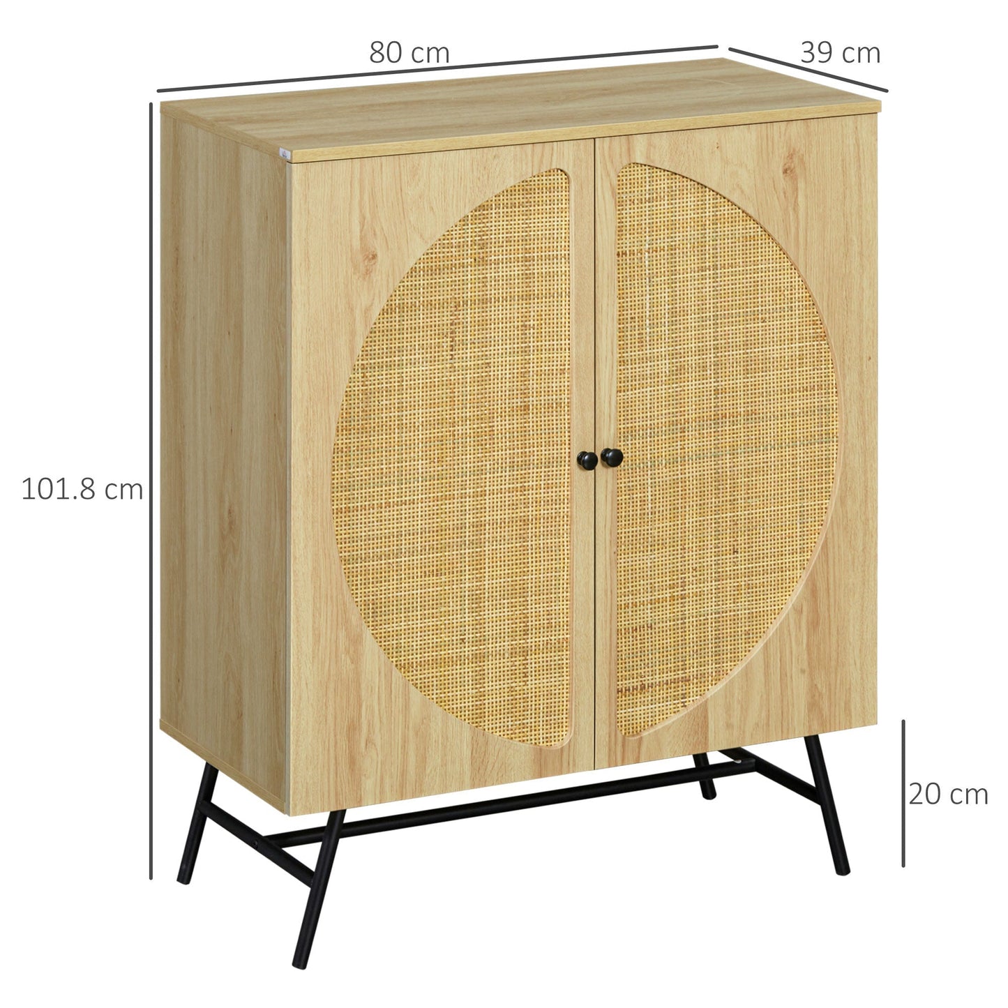 Boho Style Sideboard with 2 Doors in Wood and Rattan, 80x39x101.8cm Natural - Borgè