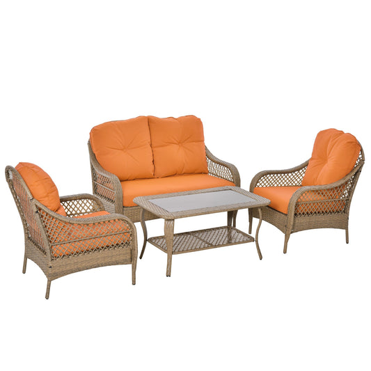 Outsunny Garden Furniture Set in Rattan PE with 2 Sofa Armchairs And Table and Cushions, Khaki and Orange Color - Borgè