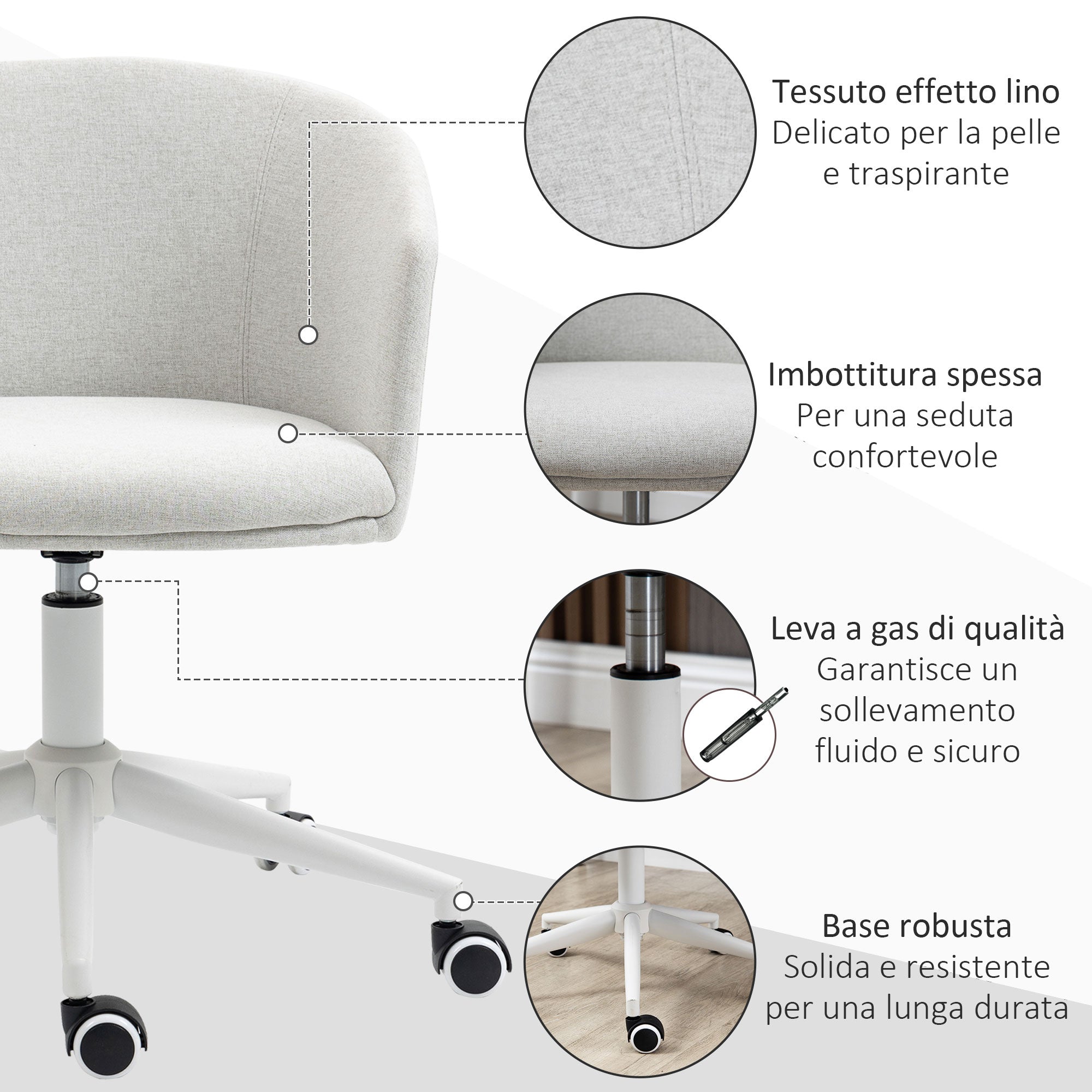Vash office chair with adjustable height, wheels and swivel session in fabric, light Grey - Borgè