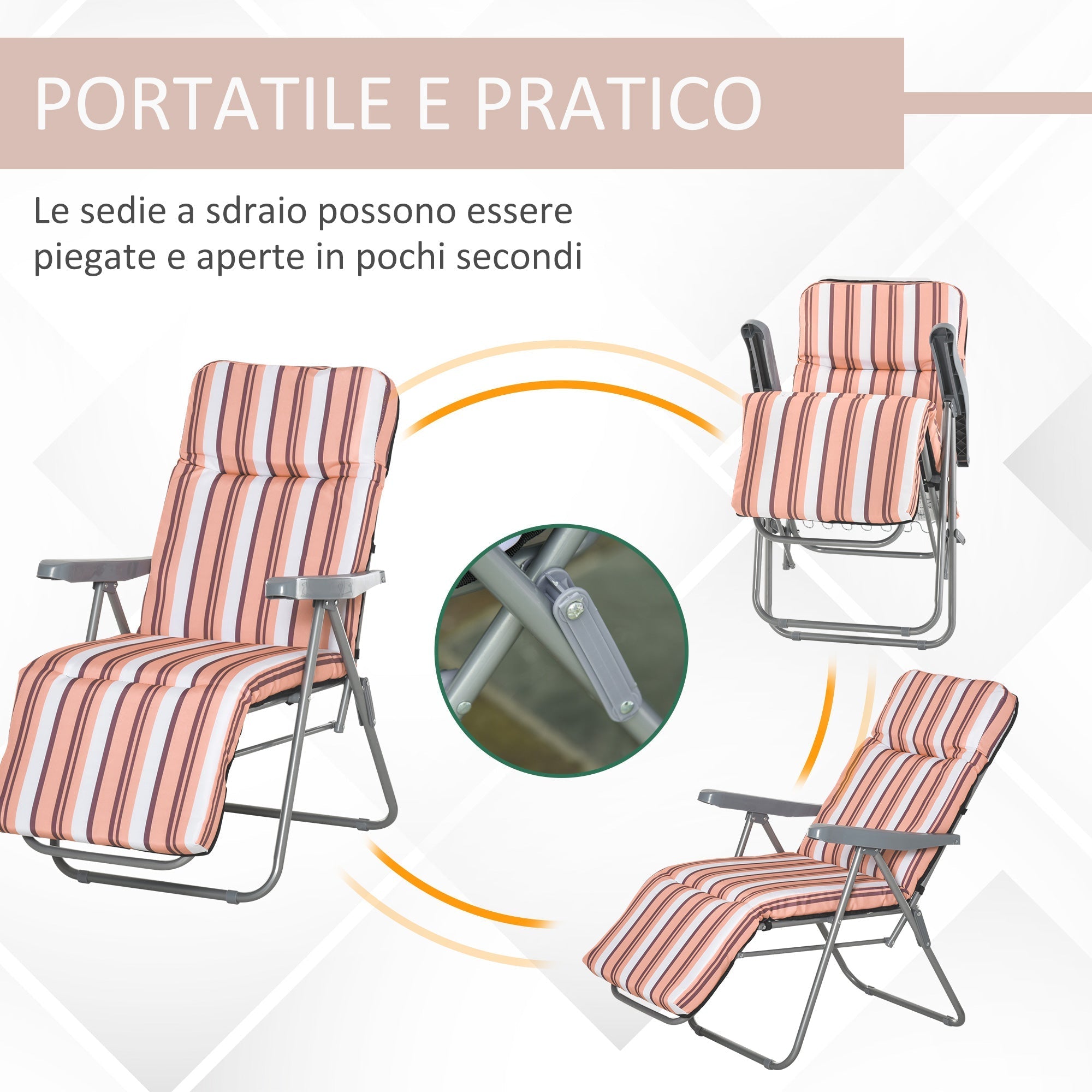 Outdoor Deck Chair Set of 2, 5-Position Reclining with Cushion, 60x75x102cm Grey Orange - Borge' Group Limited